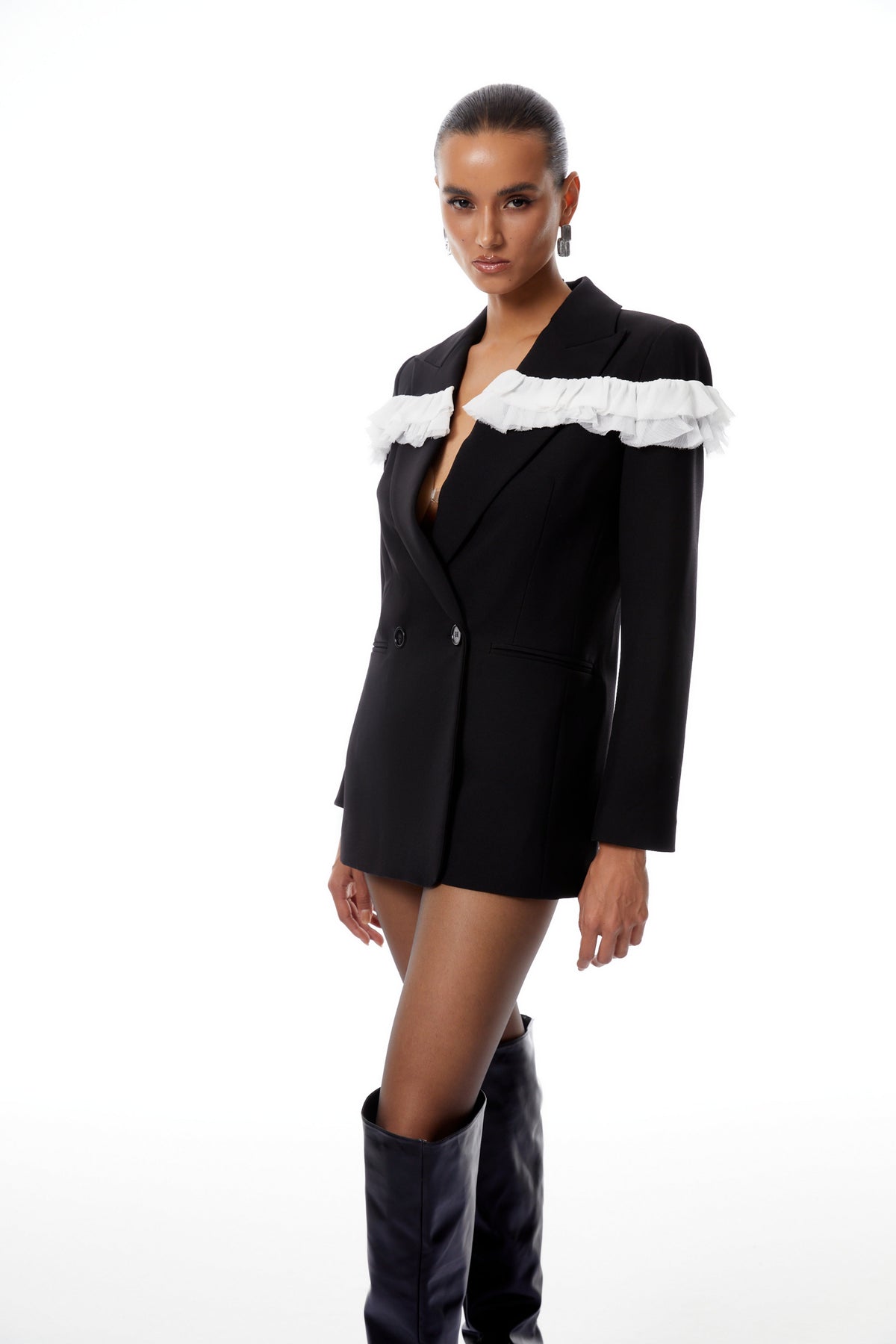 Violette Black Ruffled Mesh Panel Blazer