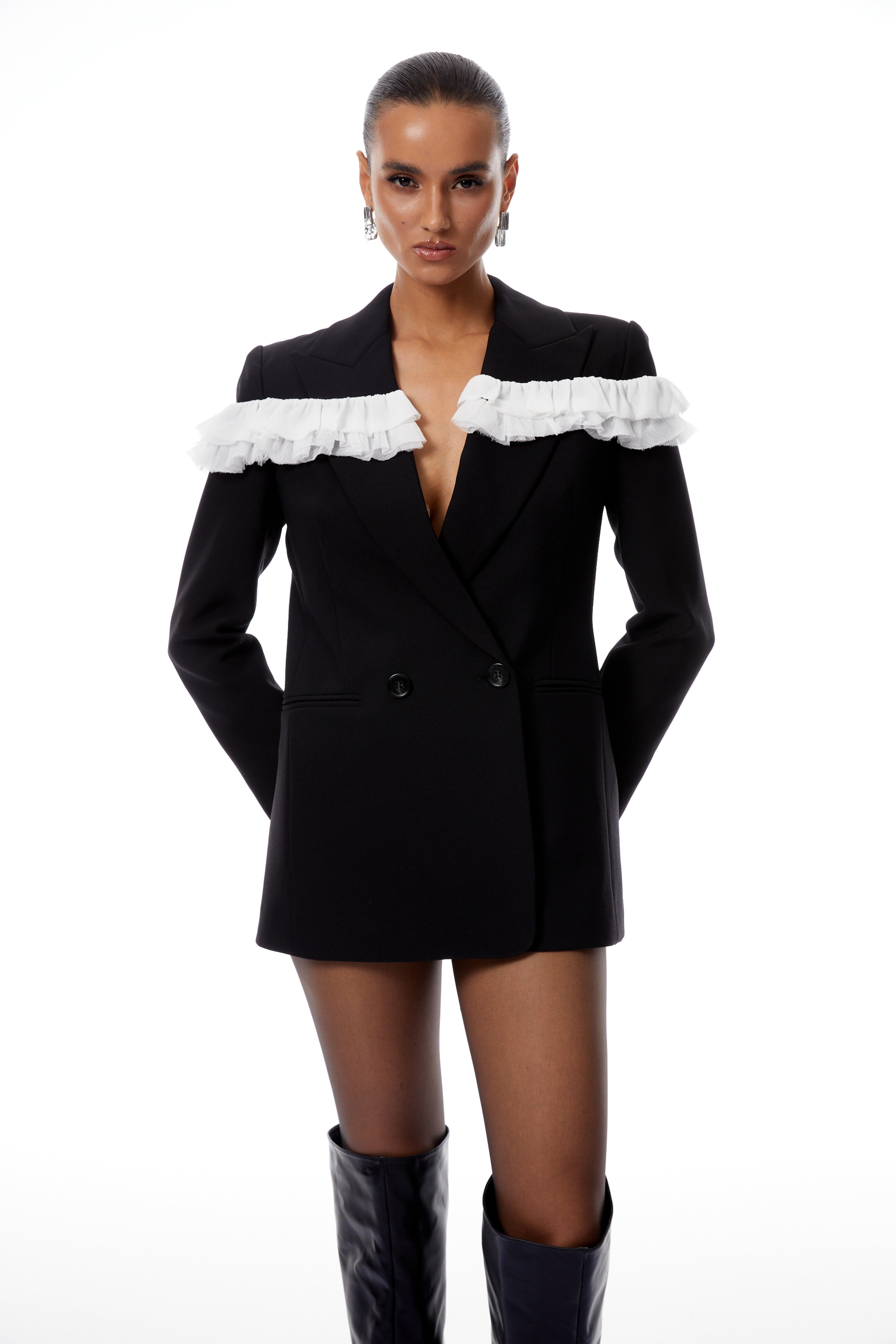 Violette Black Ruffled Mesh Panel Blazer