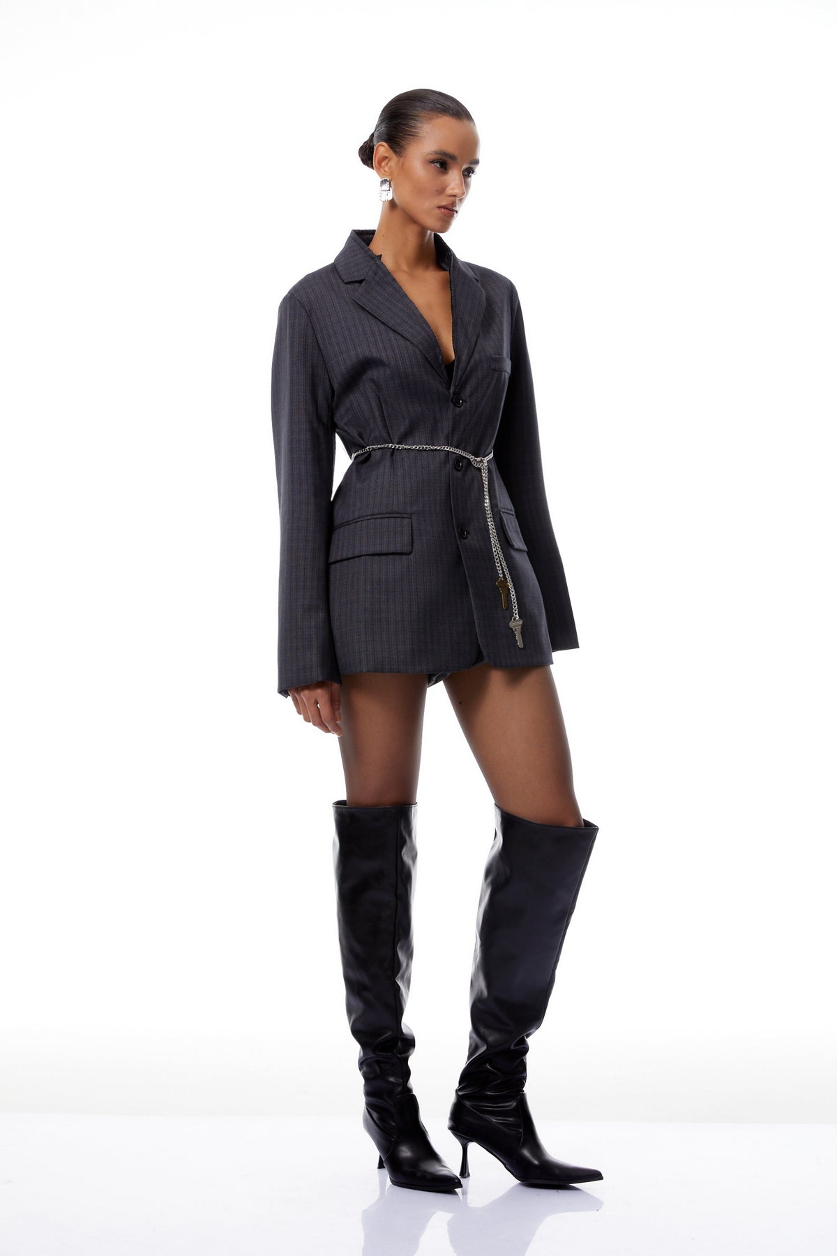 Aurianne Grey Chain Tie Plaid Blazer