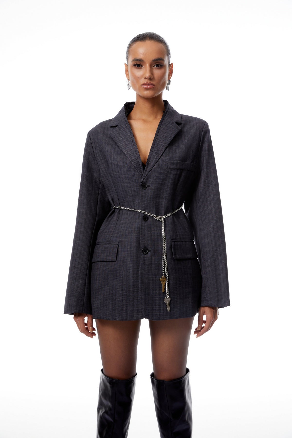 Aurianne Grey Chain Tie Plaid Blazer