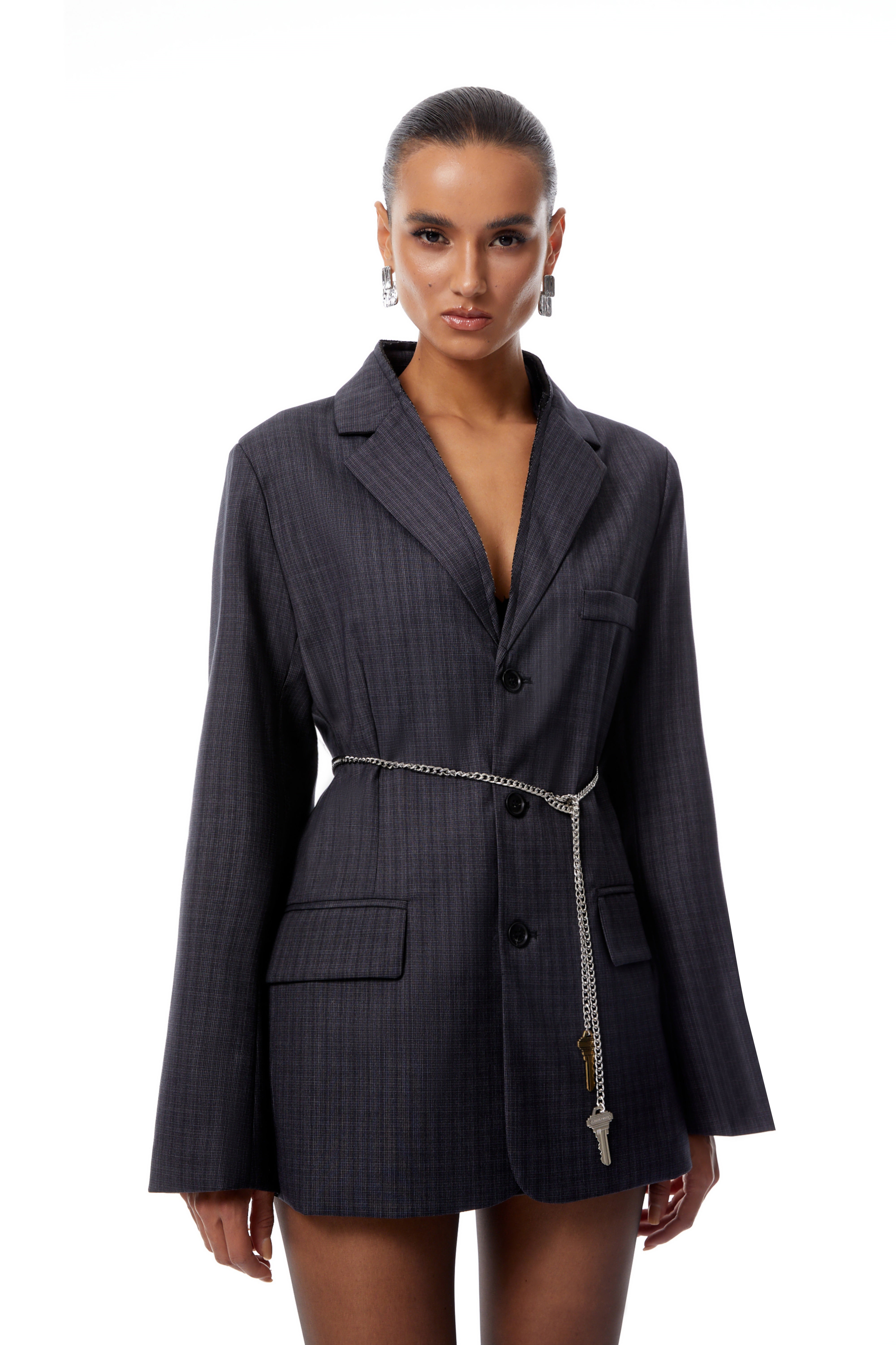 Aurianne Grey Chain Tie Plaid Blazer