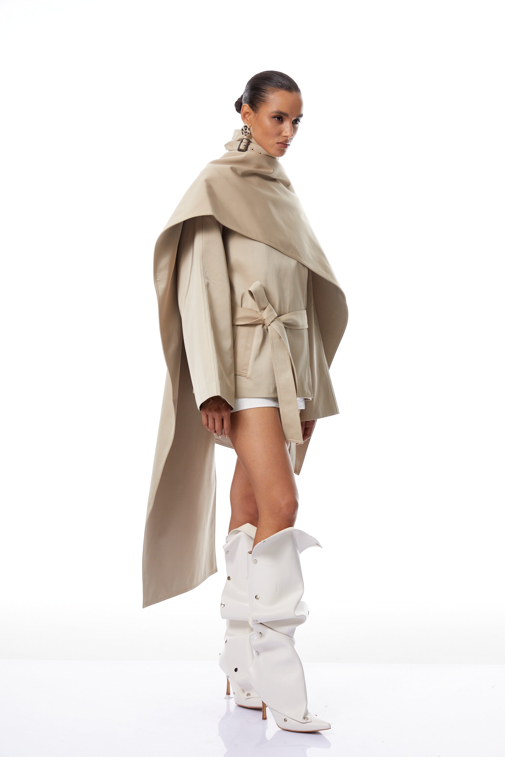 Orsolya Khaki Asymmetrical Shawl Design Trench Coat