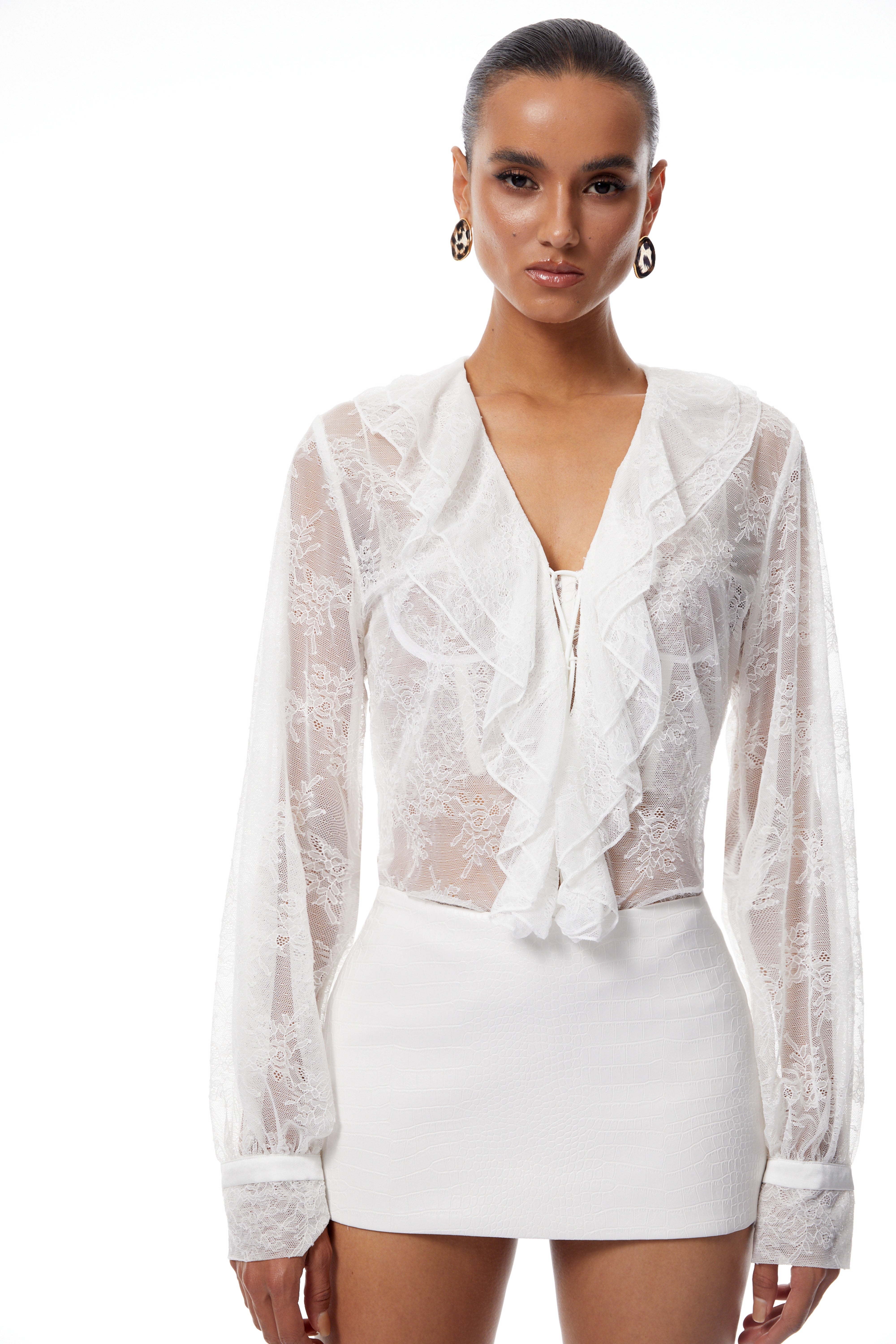 Vanessa White Floral Lace Blouse & Leather Skirt Set