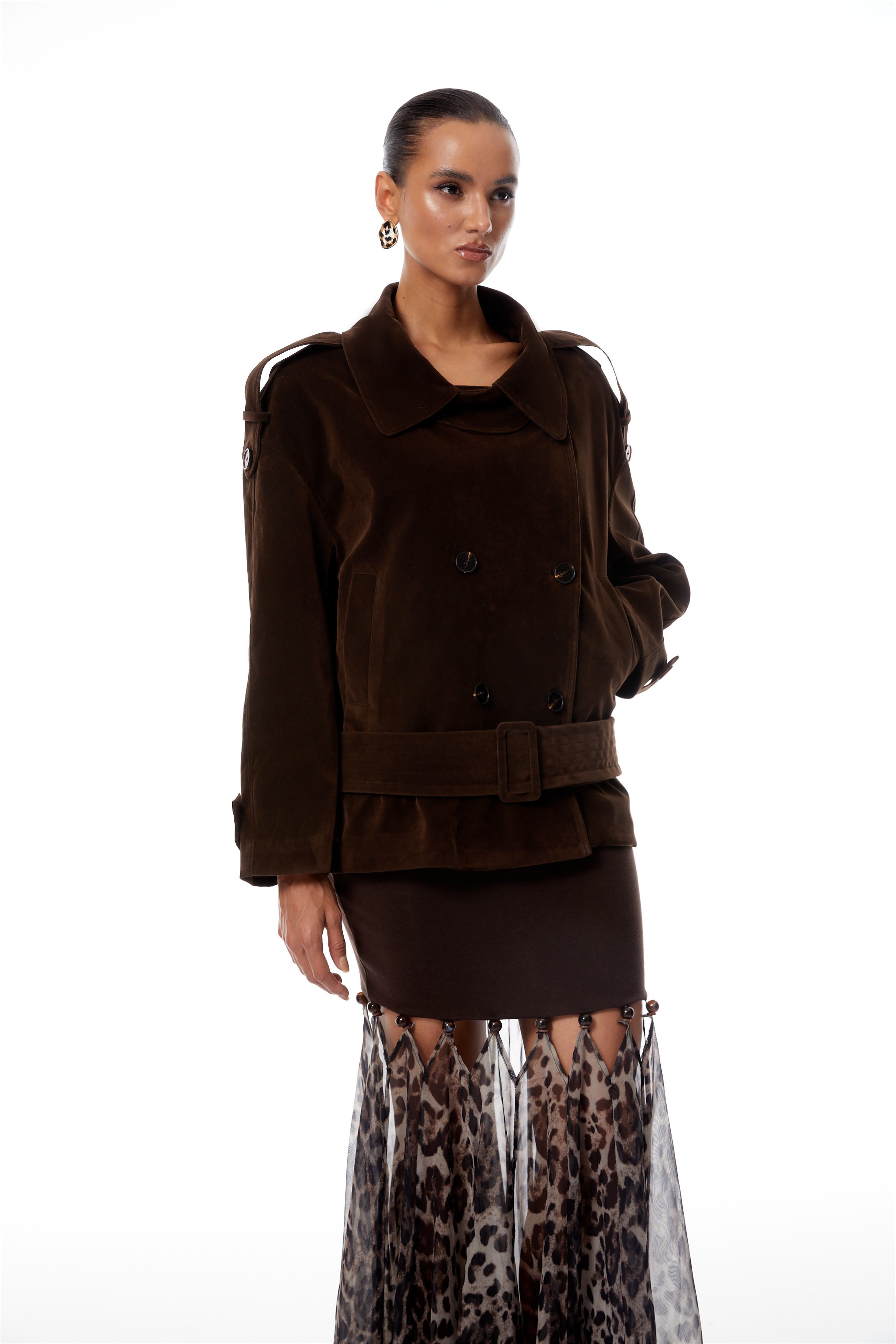 Francesca Brown Double-Breasted Suede Trench Coat