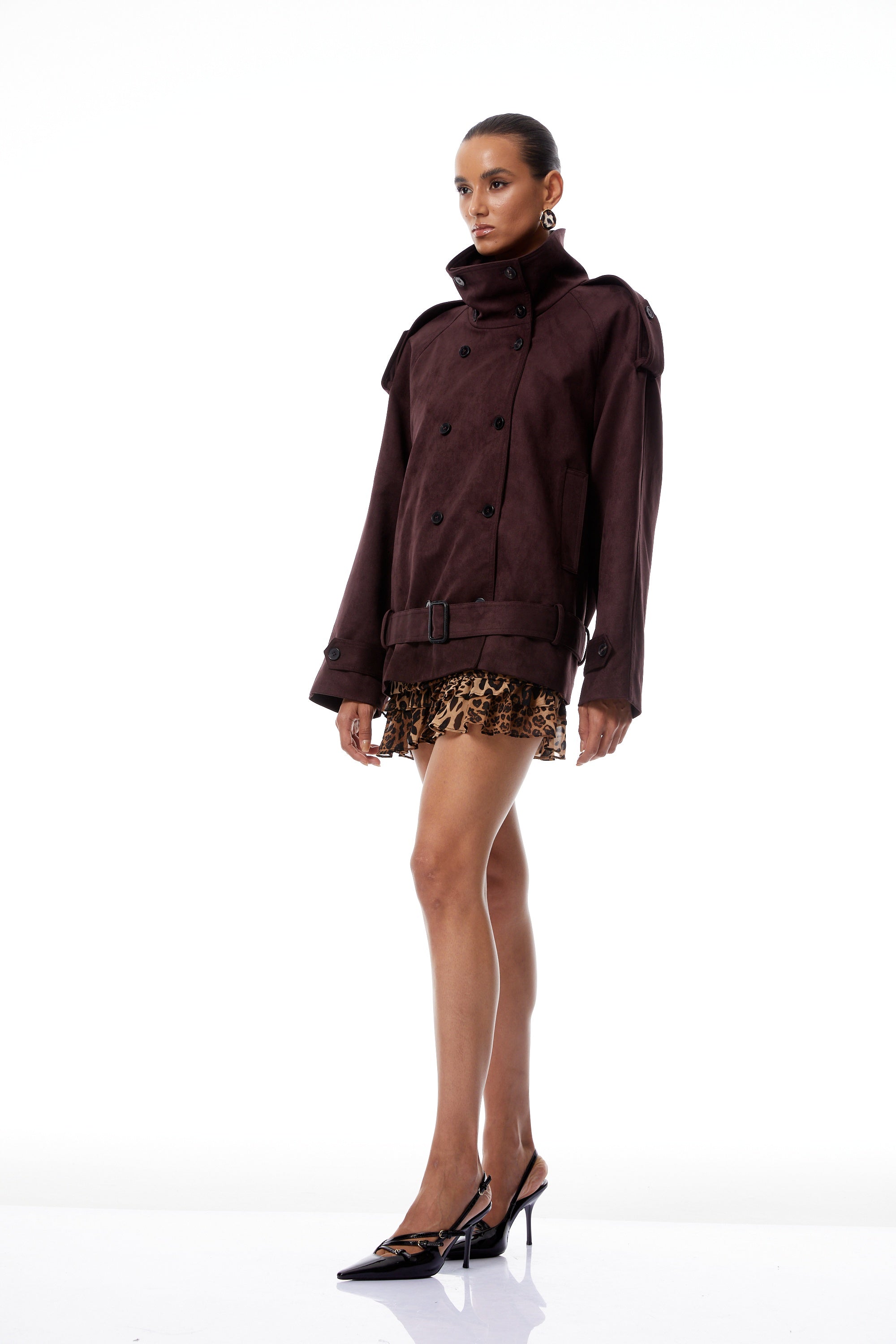 Flavia Burgundy Belted Suede Trench Coat