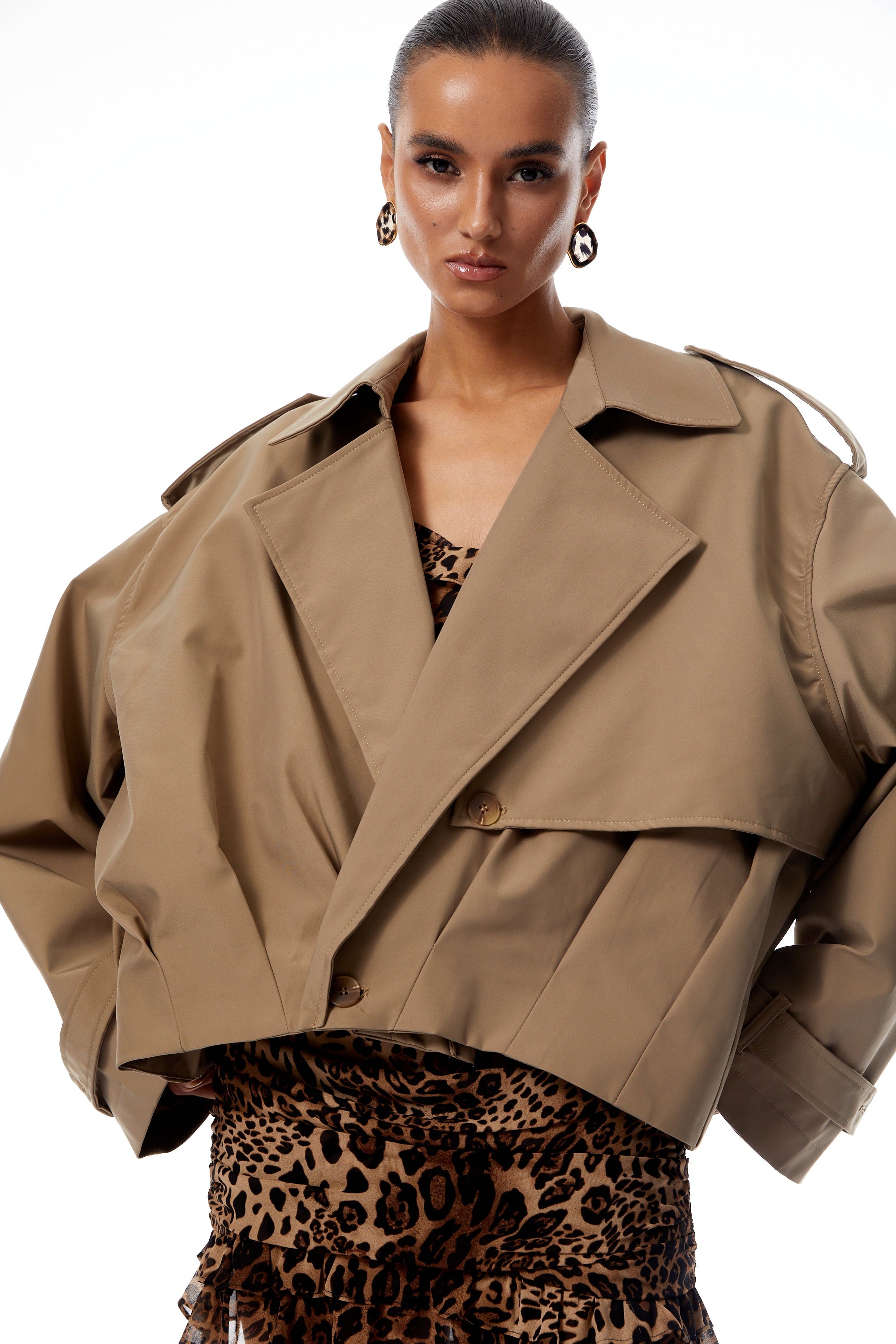 Ariane Khaki Pleated Short Trench Coat (Final Sale)