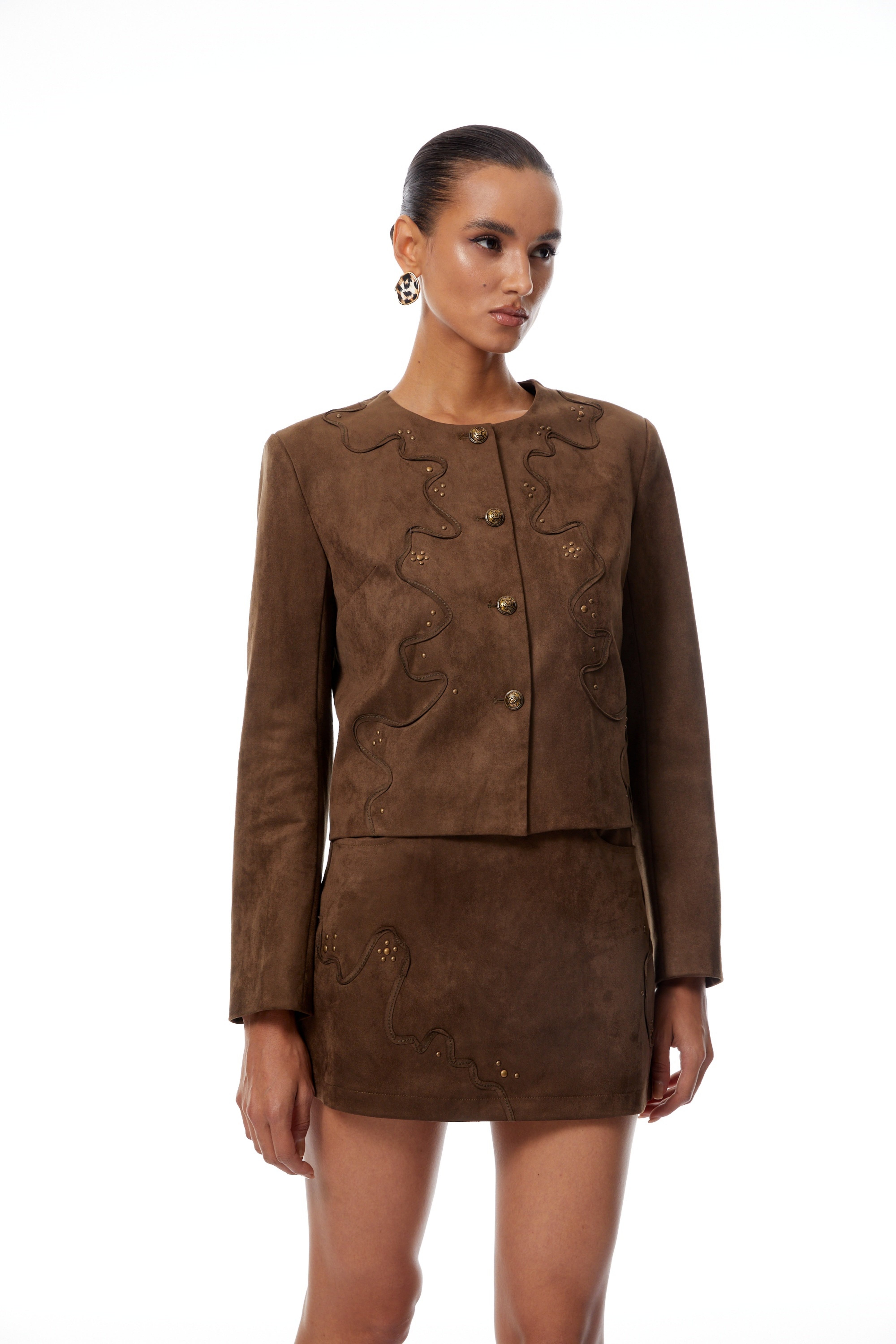 Xénia Brown Studded Suede Jacket & Skirt Set