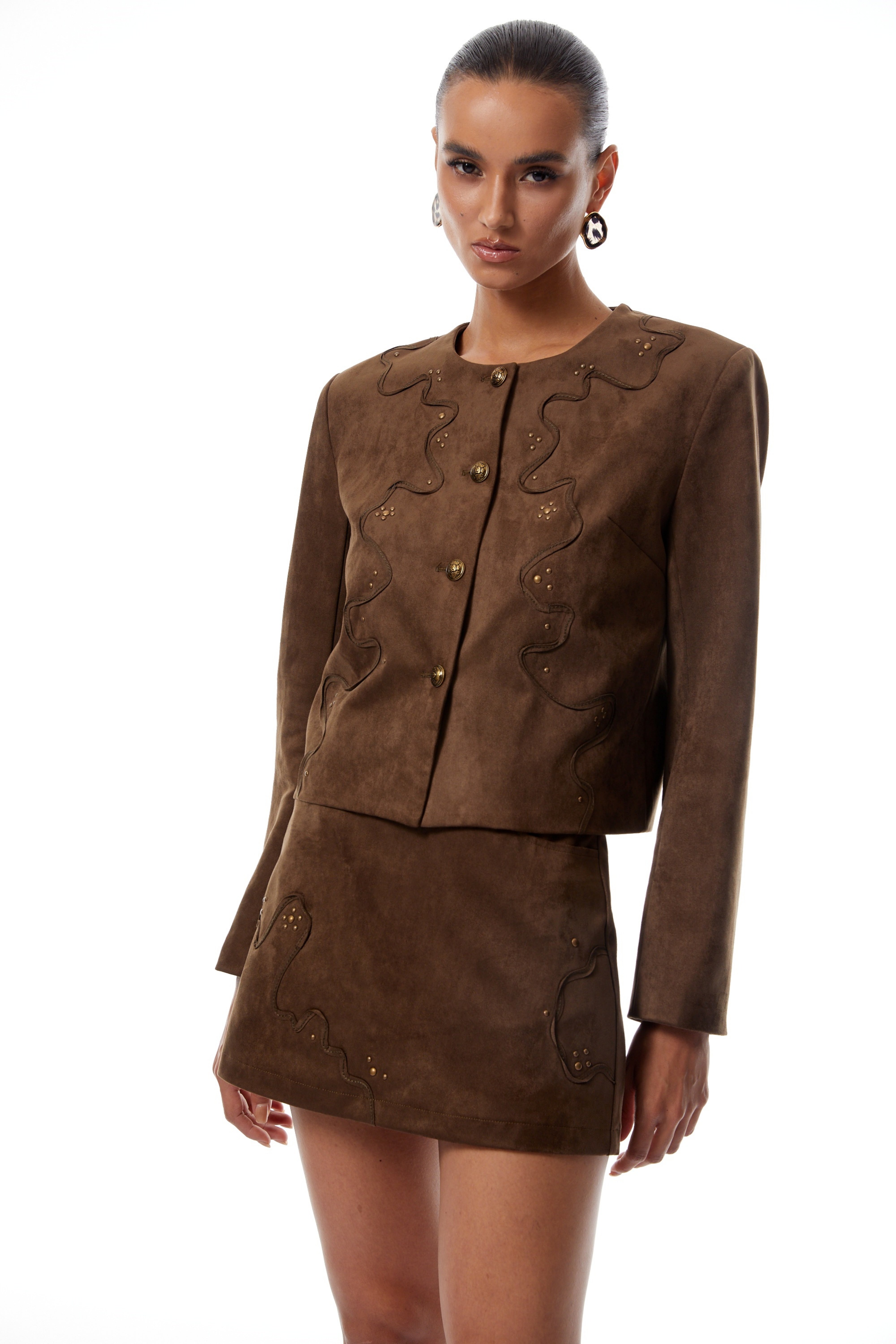 Xénia Brown Studded Suede Jacket & Skirt Set (Final Sale)