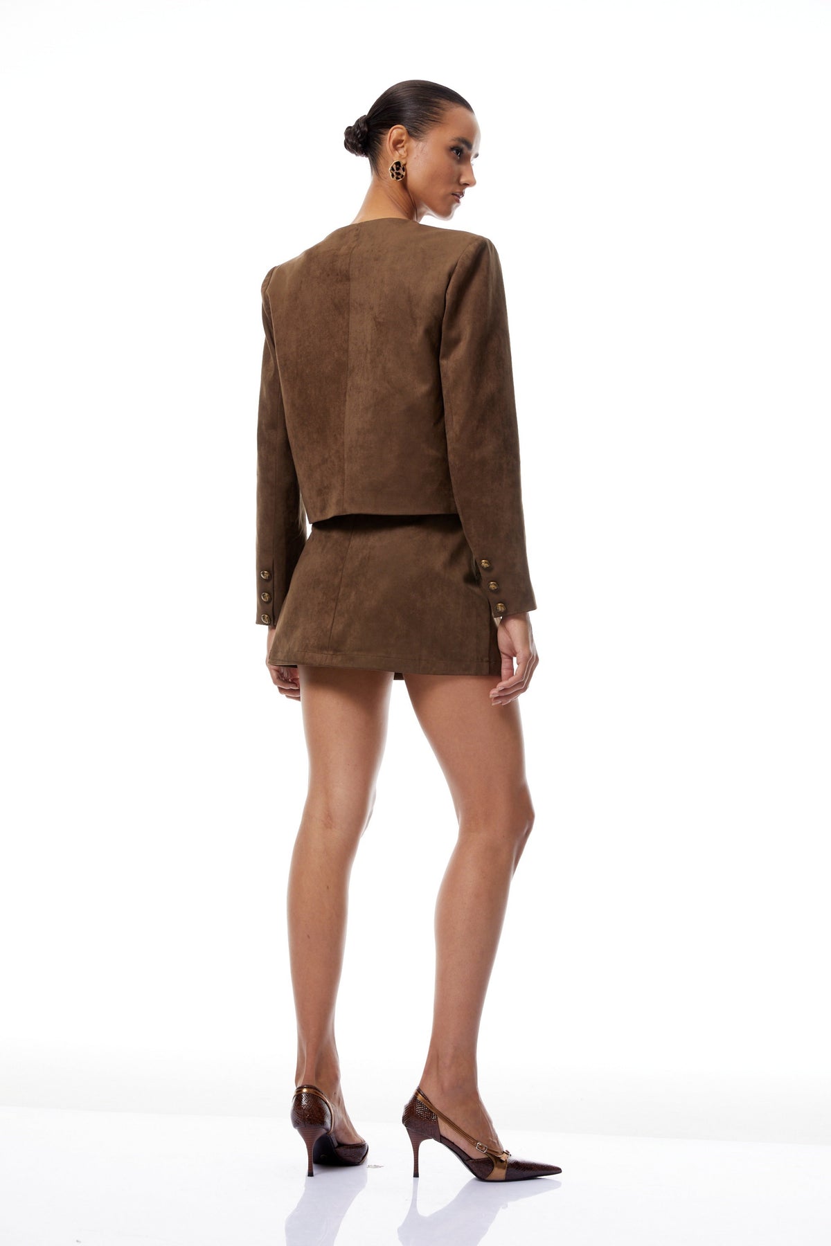 Xénia Brown Studded Suede Jacket & Skirt Set