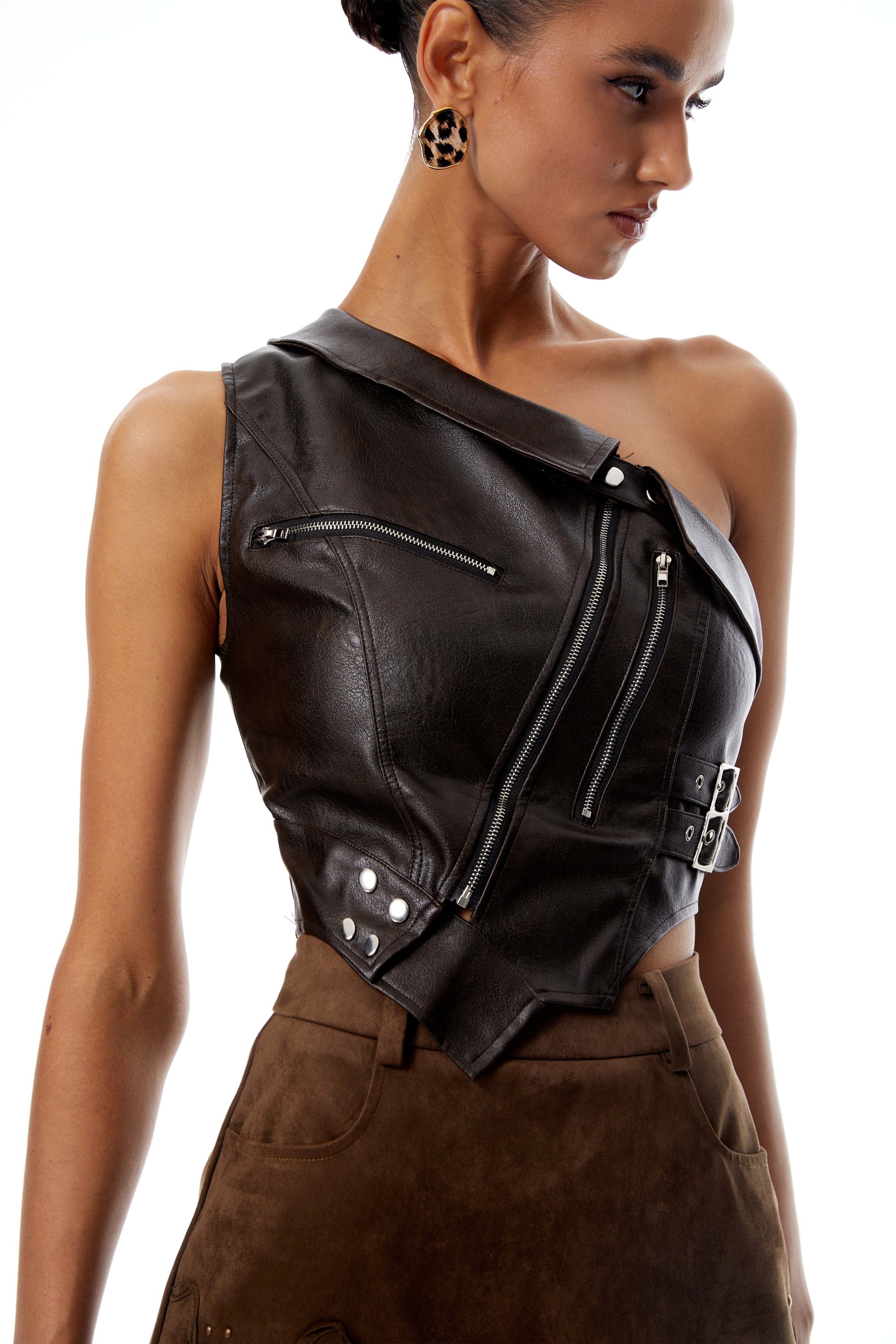 Carolina Brown Asymmetrical Leather Crop Top