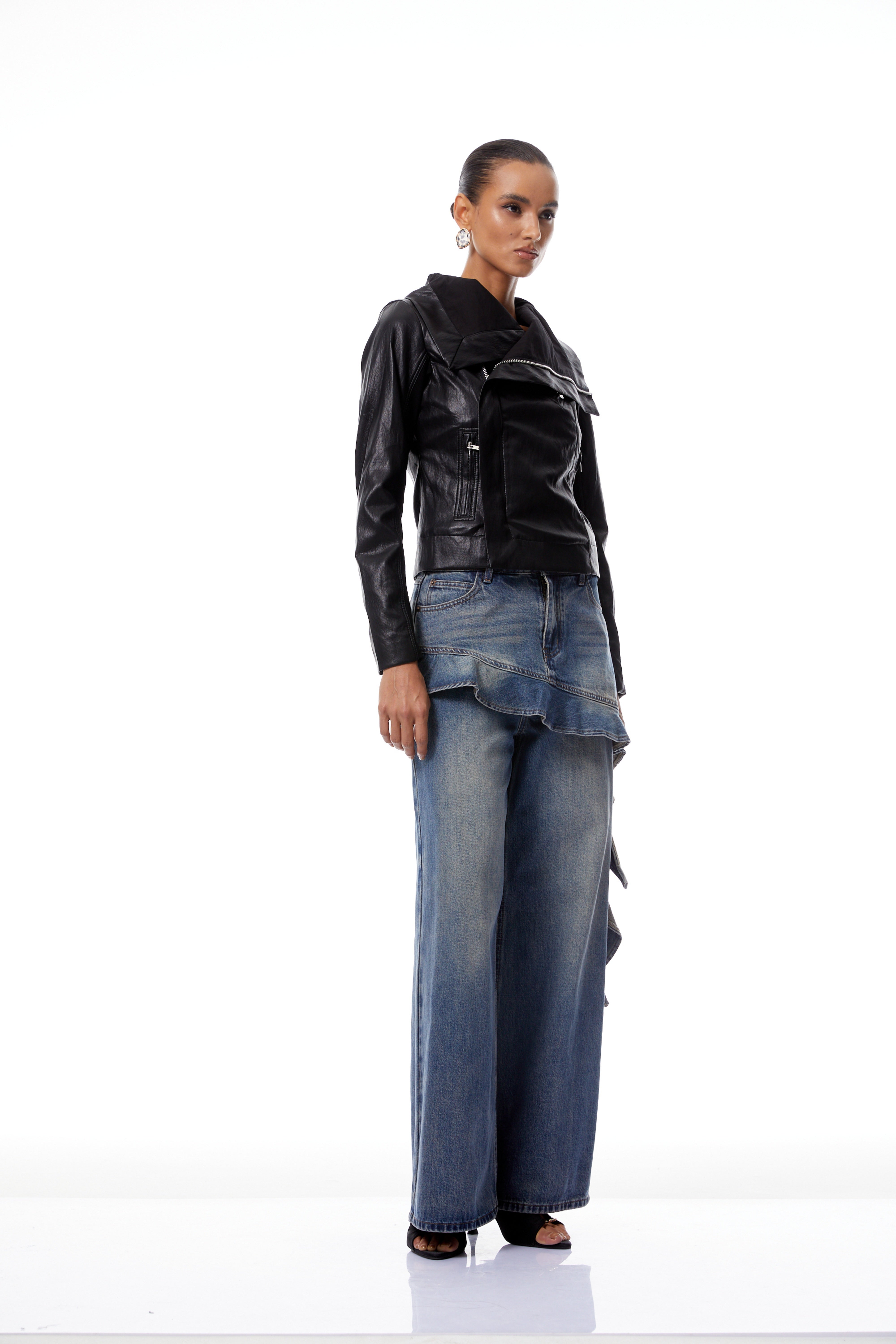 Elfriede Black Asymmetrical Lapel Leather Biker Jacket