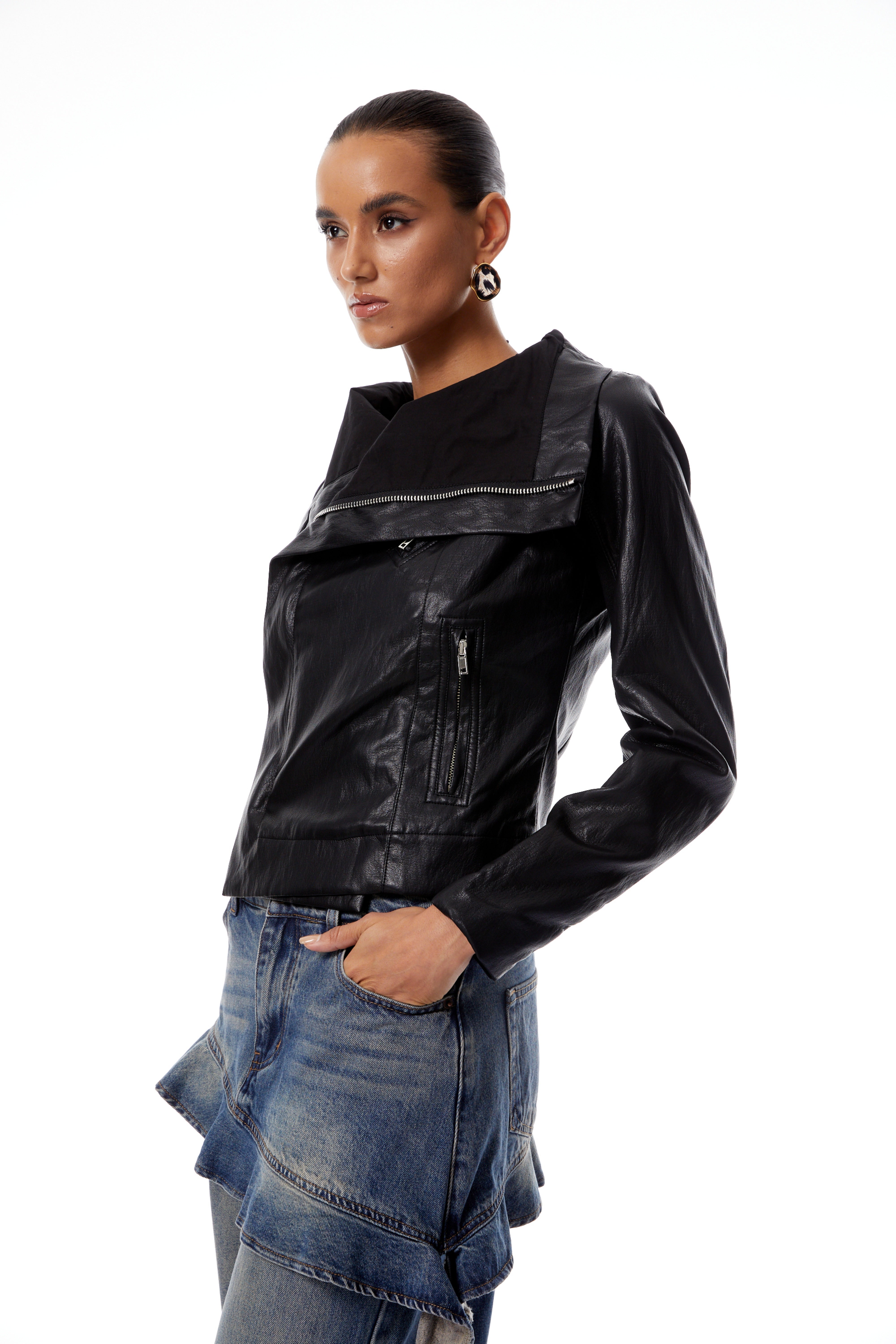 Elfriede Black Asymmetrical Lapel Leather Biker Jacket