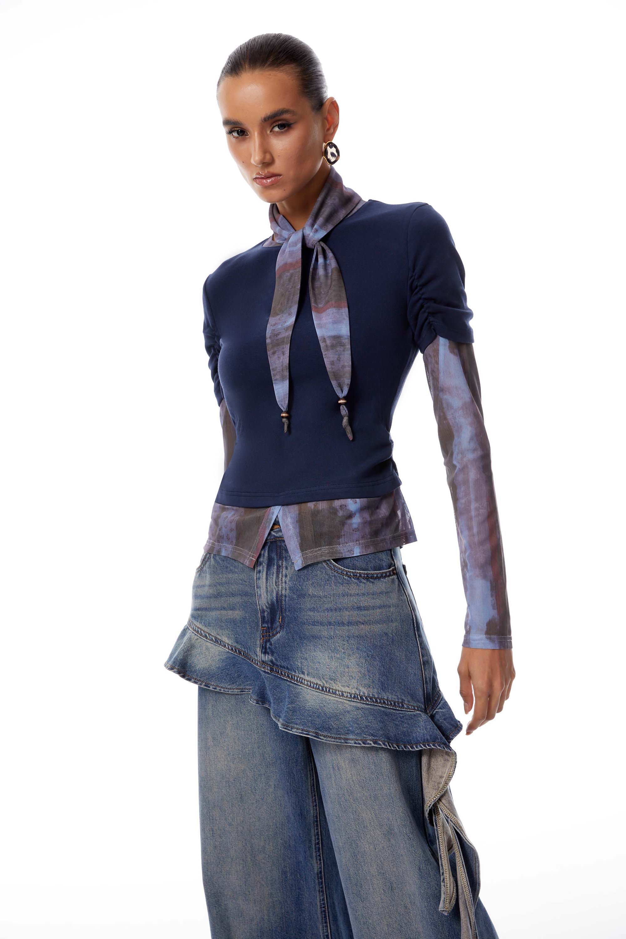 Claudia Blue Neck-Scarf Tie-Dye Panel Blouse