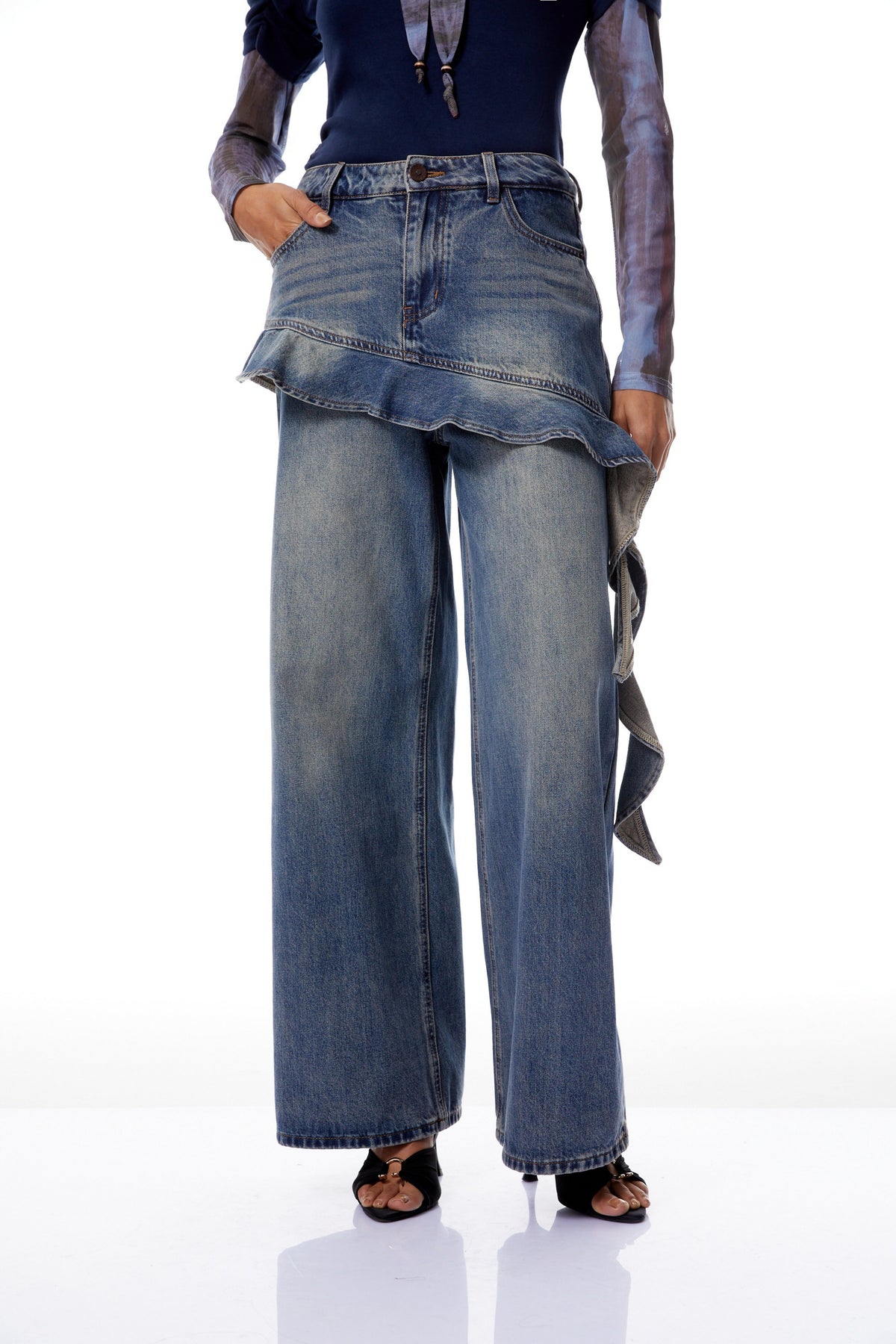 Zsófia Blue Ruffled Ribbon Detail Denim Jeans