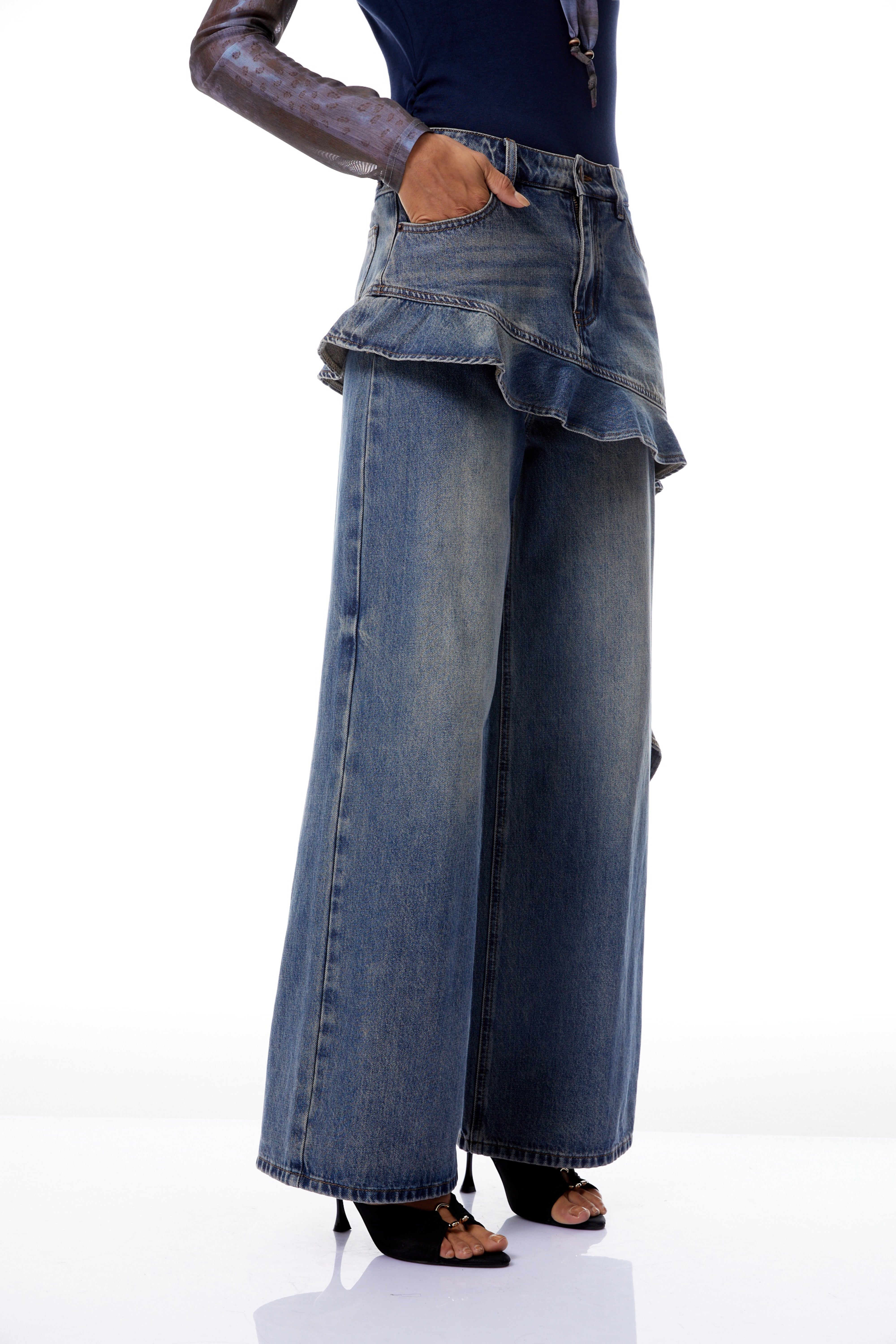 Zsófia Blue Ruffled Ribbon Detail Denim Jeans