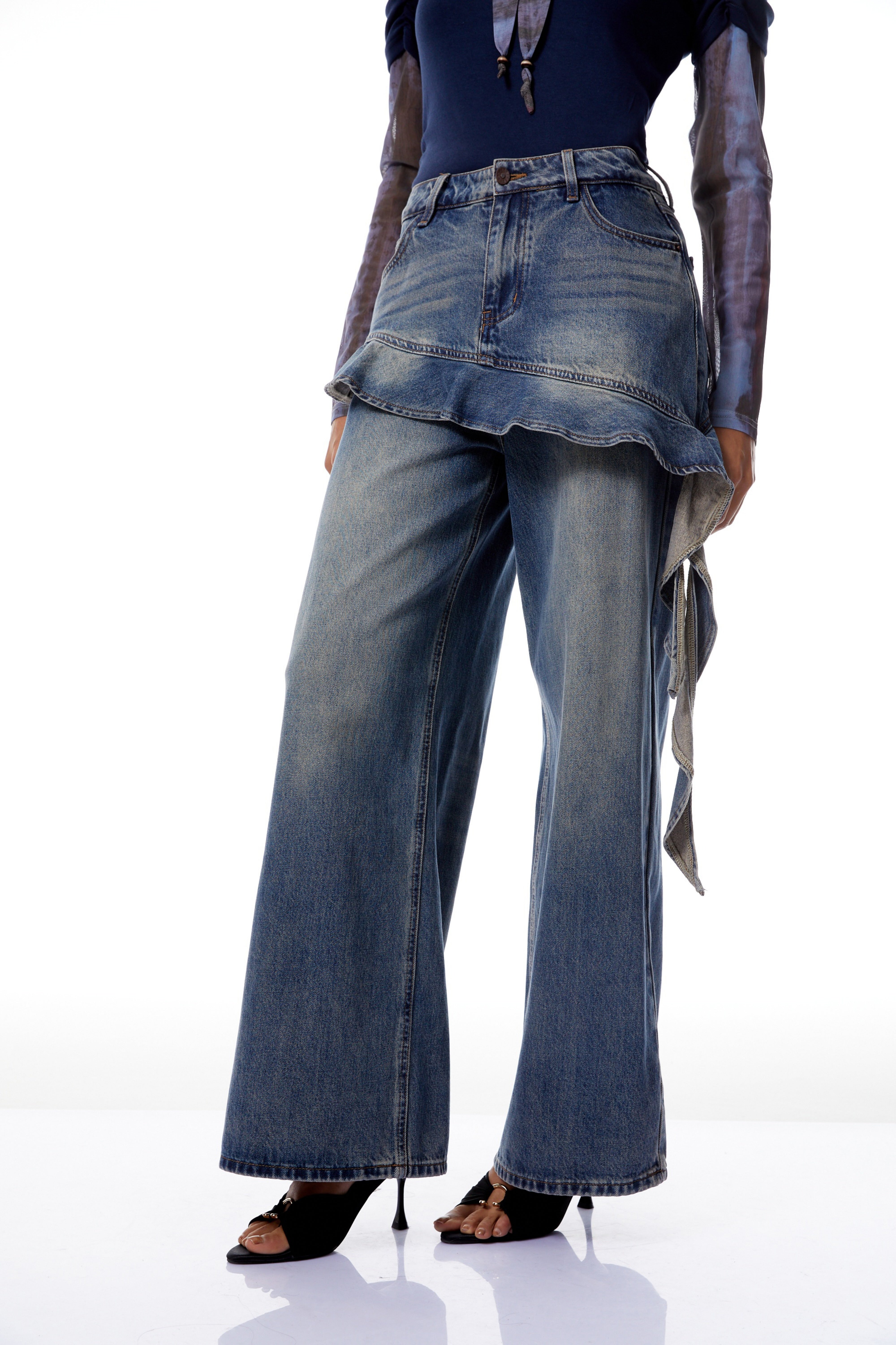 Zsófia Blue Ruffled Ribbon Detail Denim Jeans