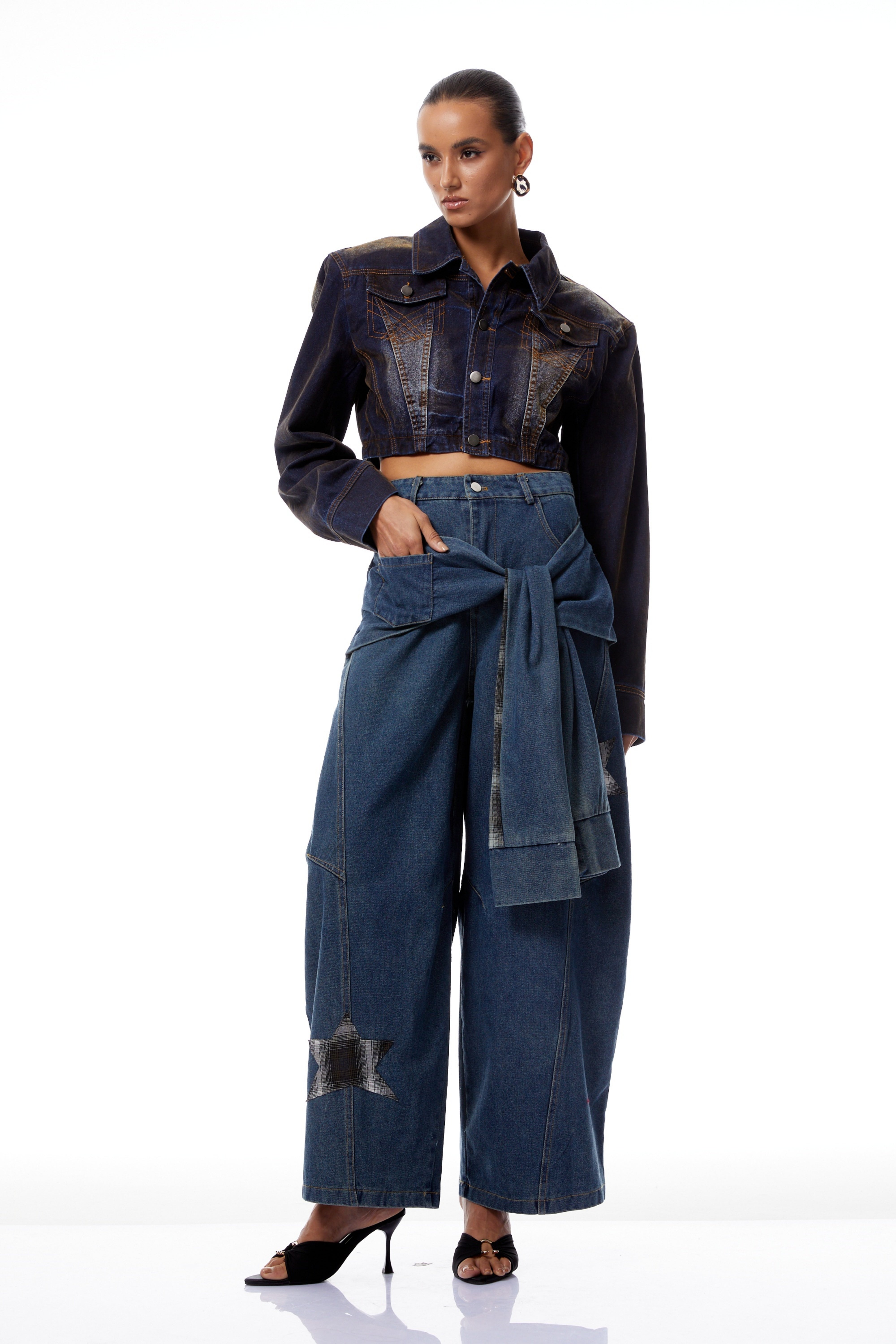 Justine Blue Checked Patchwork Baggy Jeans