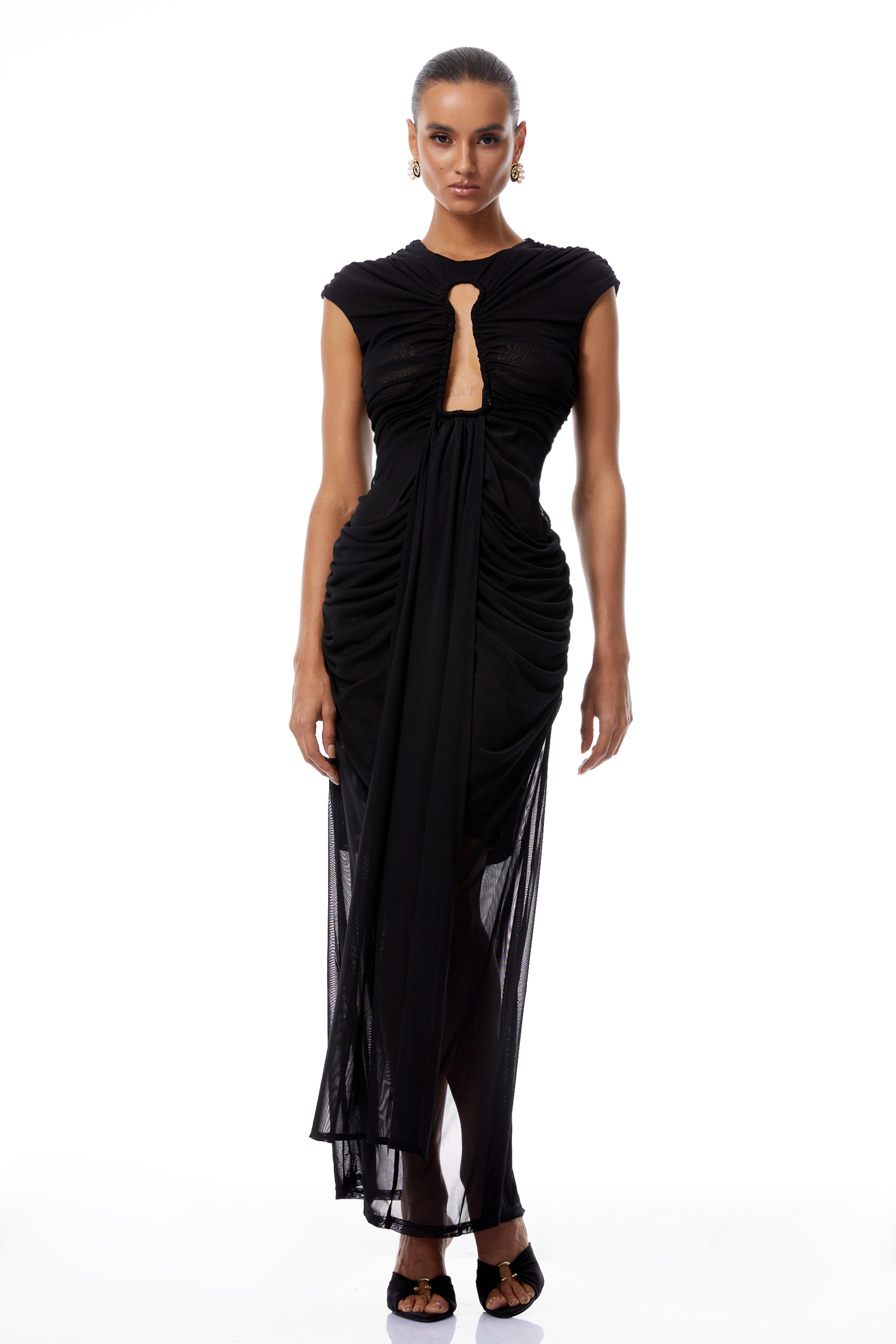 Daniela Black Keyhole Ruched Maxi Dress