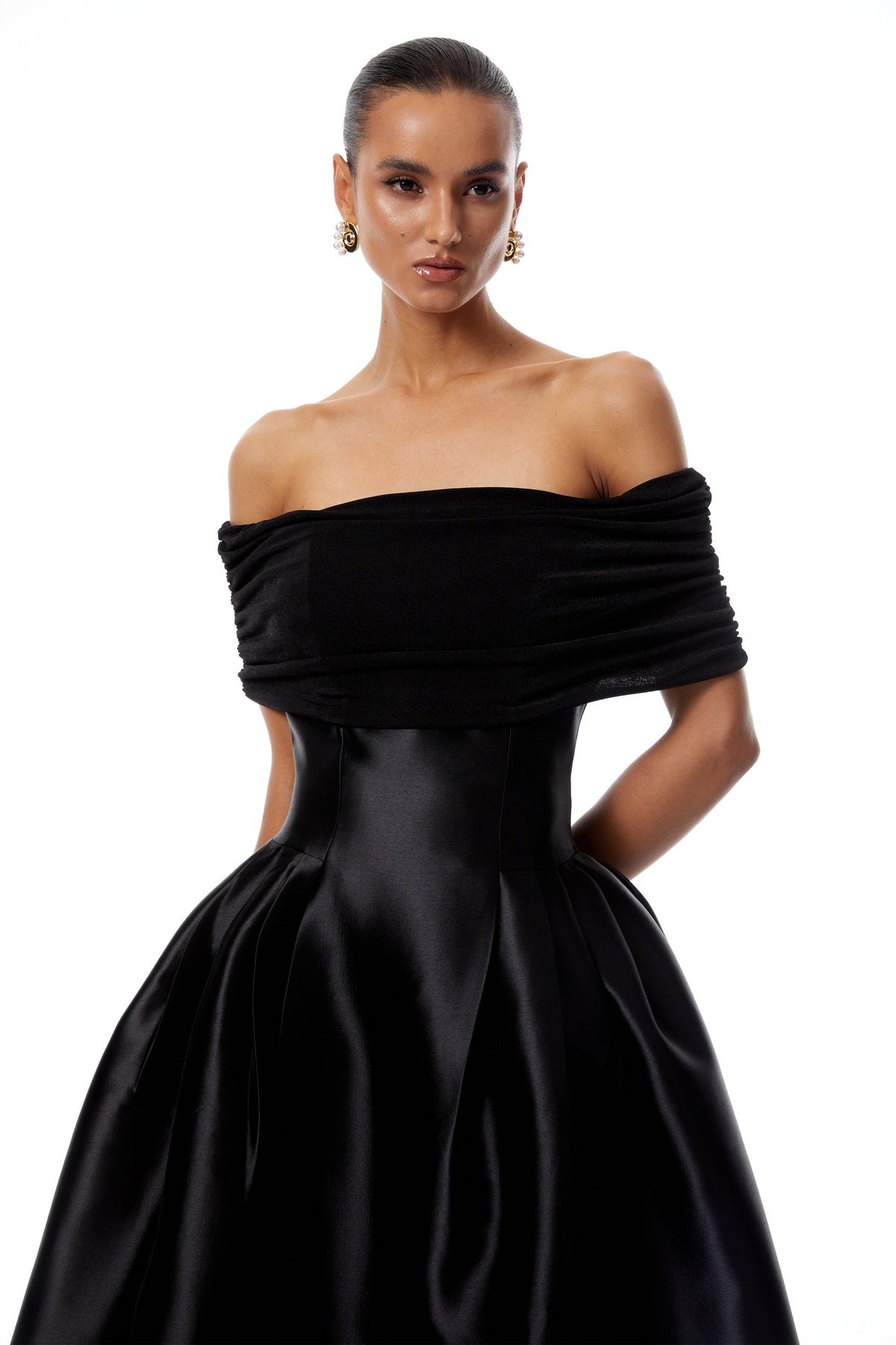 Ainara Black Off Shoulder Polished Midi Dress (Final Sale-US Only)
