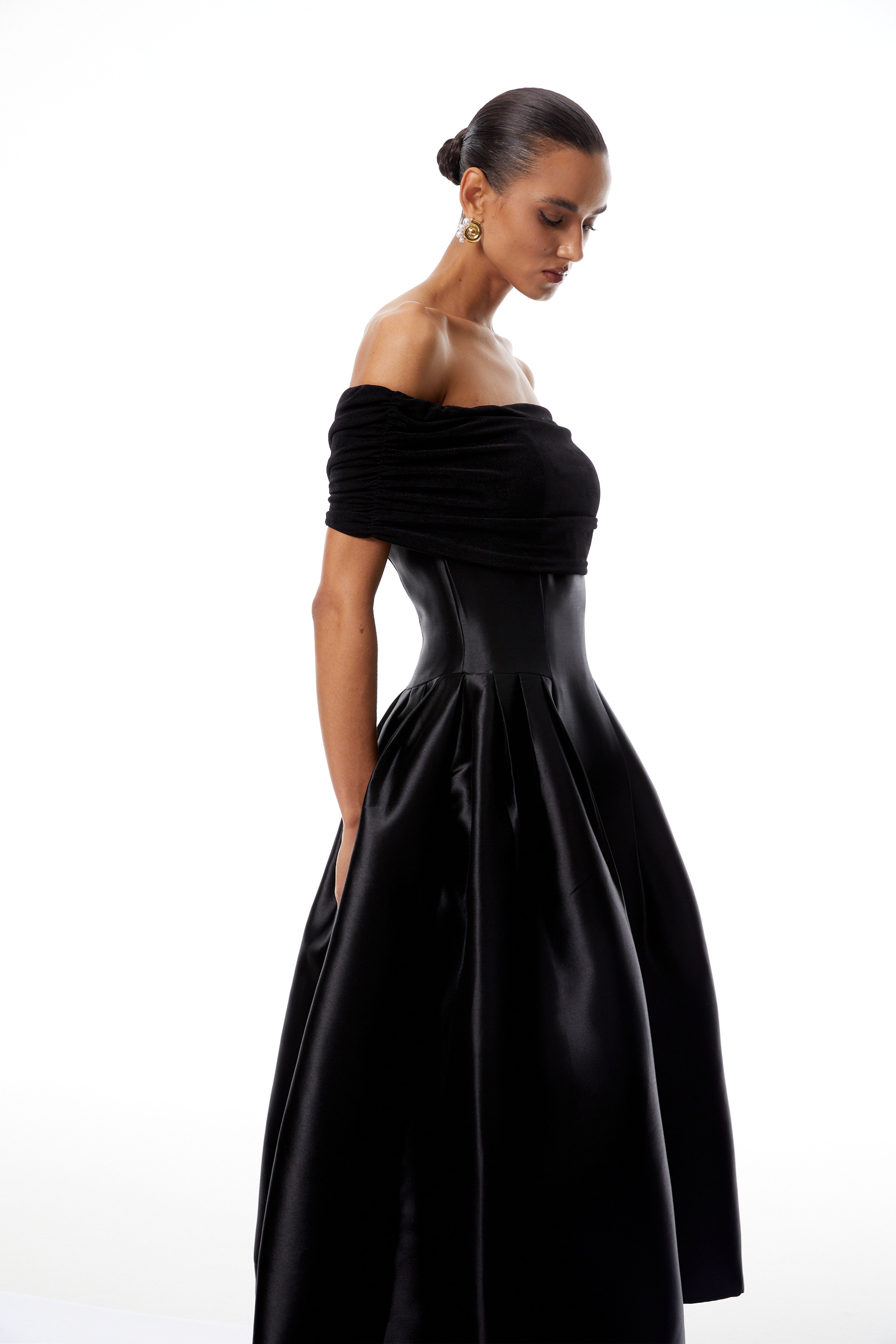 Ainara Black Off Shoulder Polished Midi Dress (Final Sale-US Only)