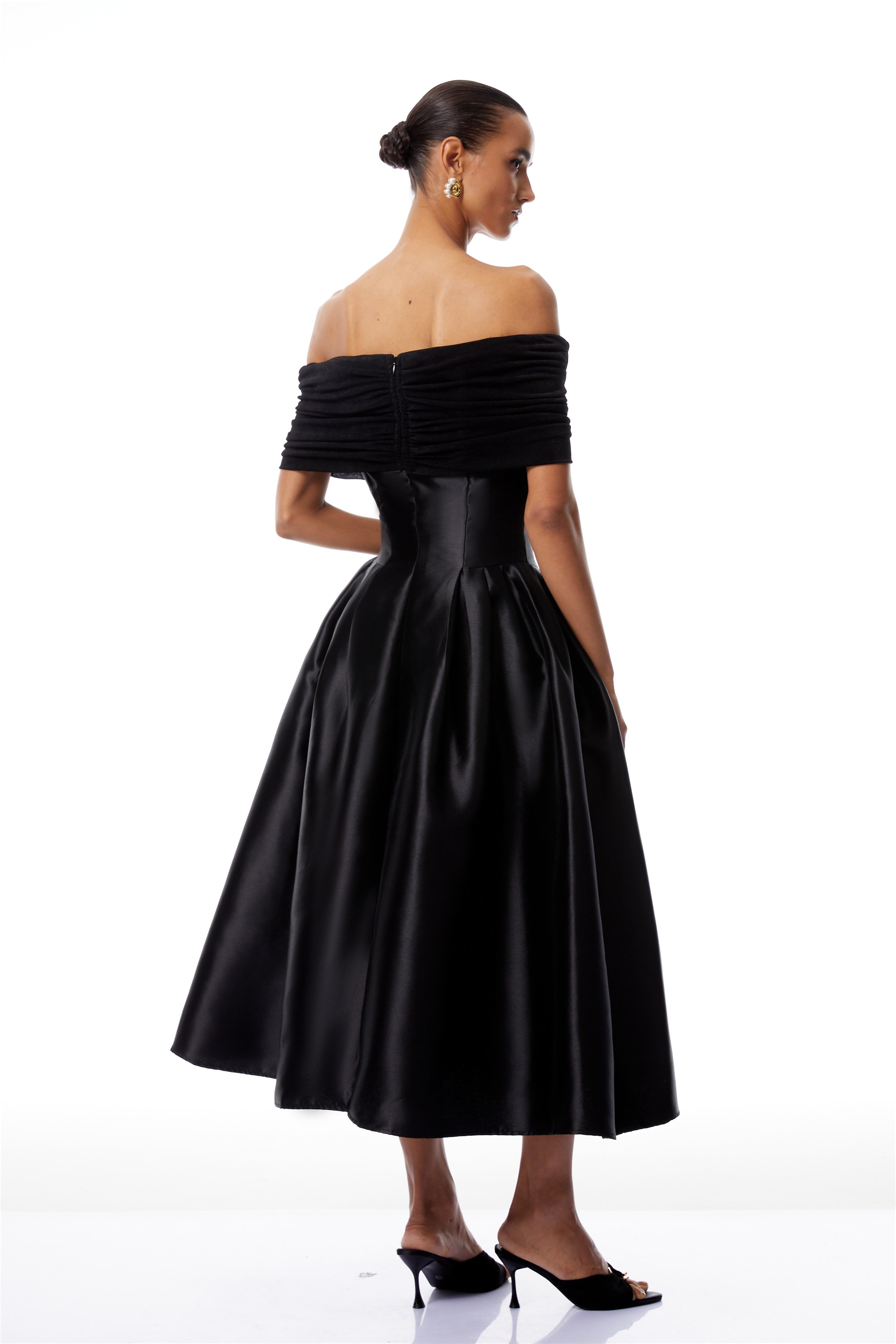 Ainara Black Off Shoulder Polished Midi Dress