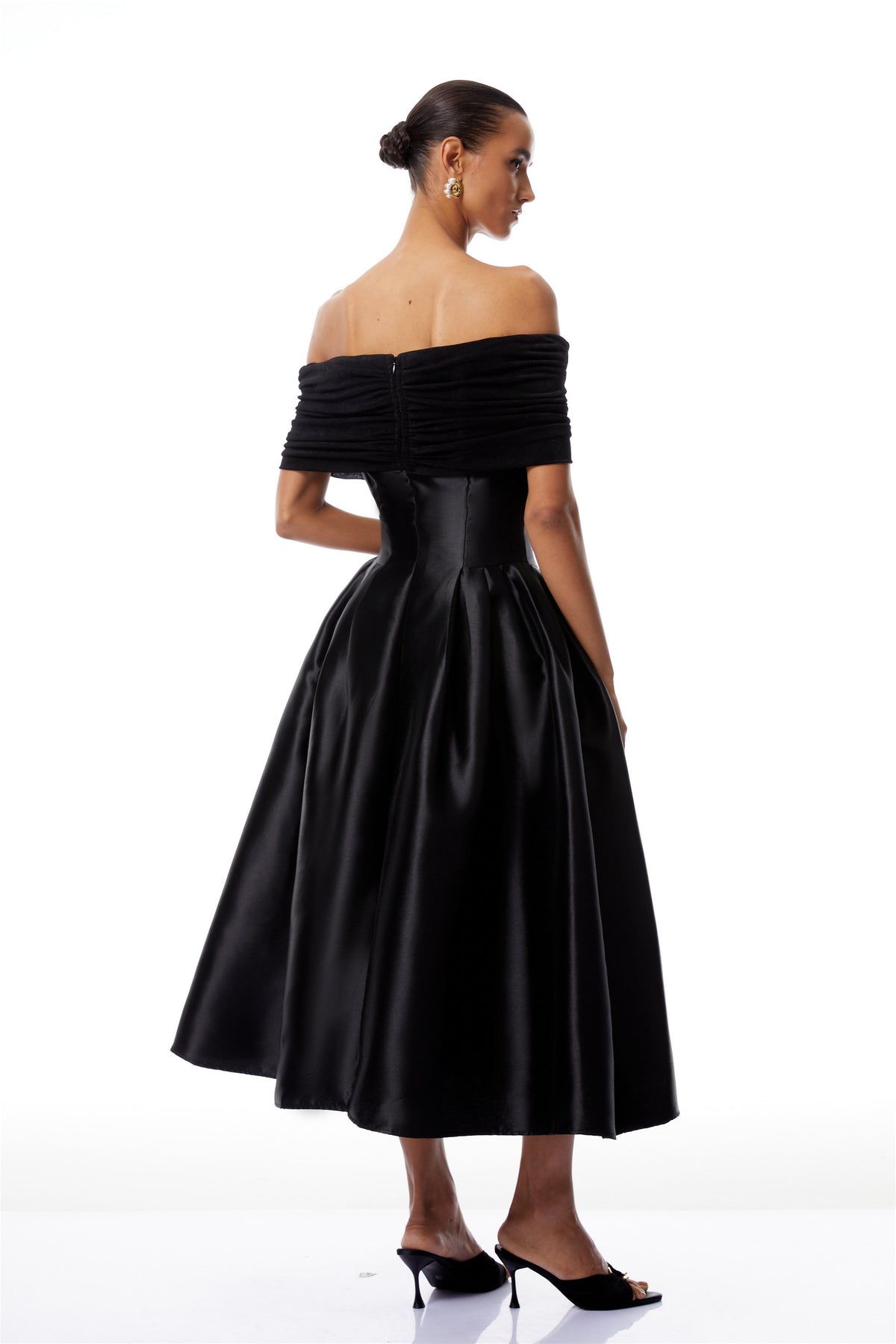 Ainara Black Off Shoulder Polished Midi Dress (Final Sale-US Only)
