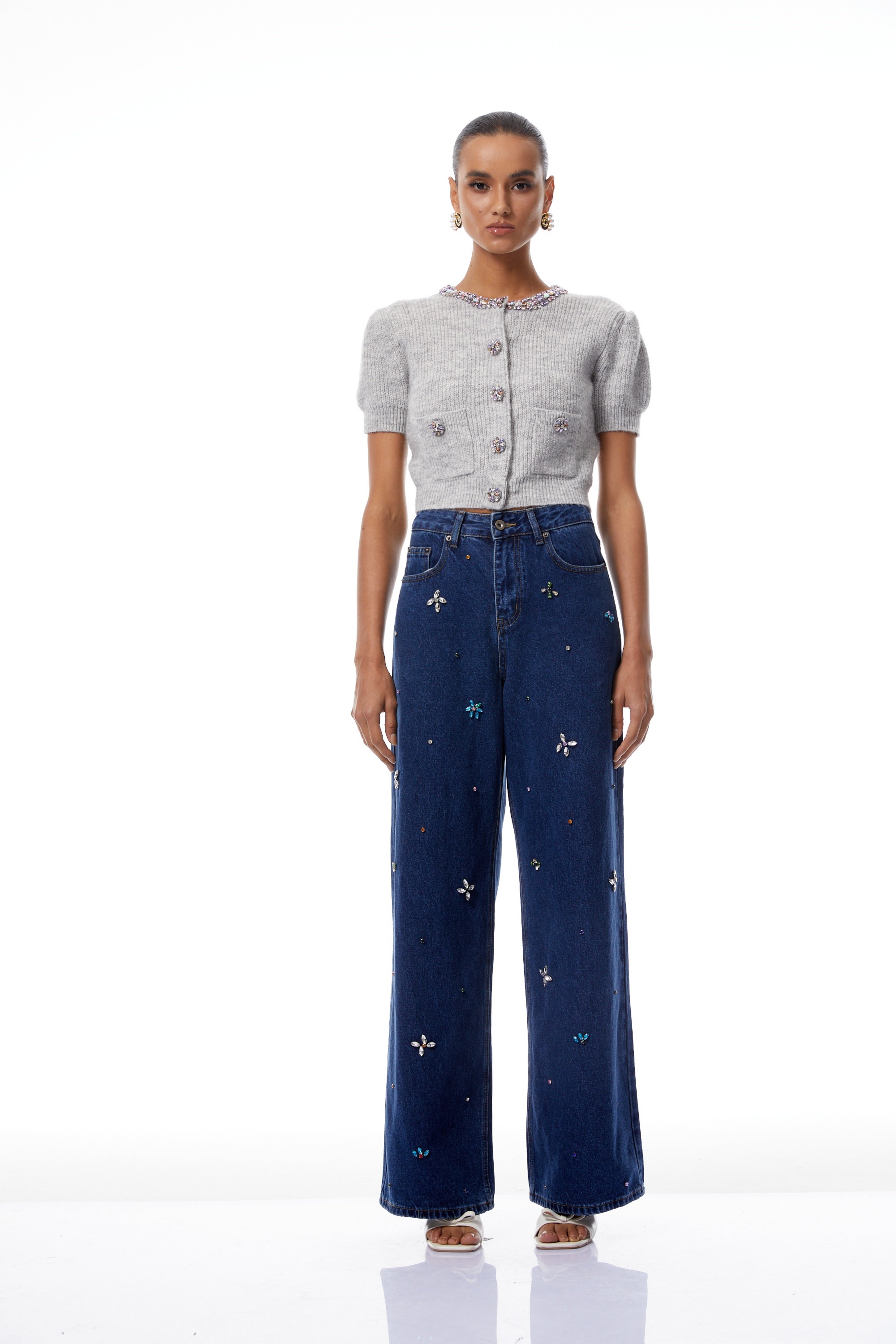 Caoimhe Indigo Blue Crystal Floral Jeans (Final Sale-US Only)