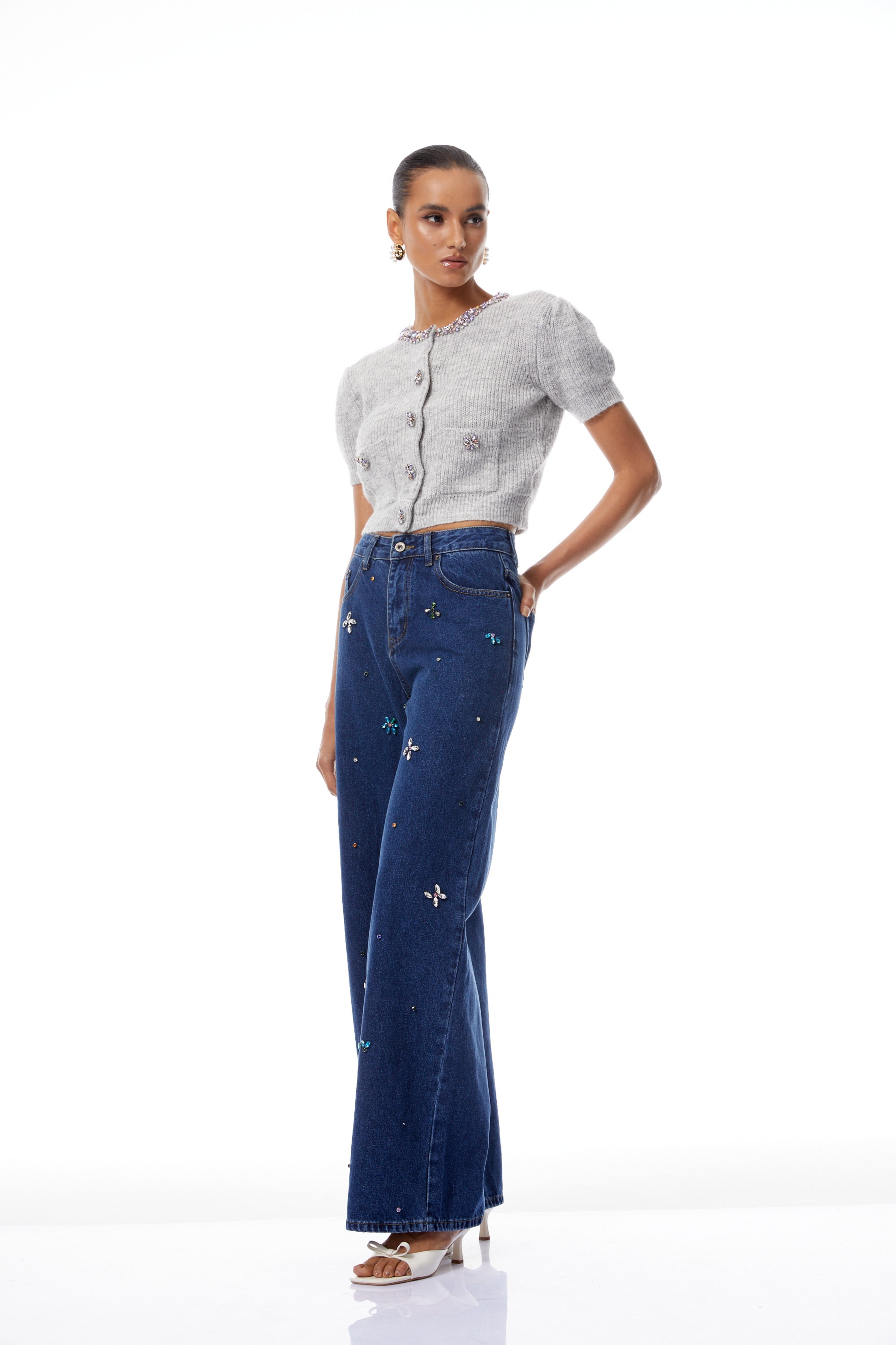 Caoimhe Indigo Blue Crystal Floral Jeans (Final Sale-US Only)