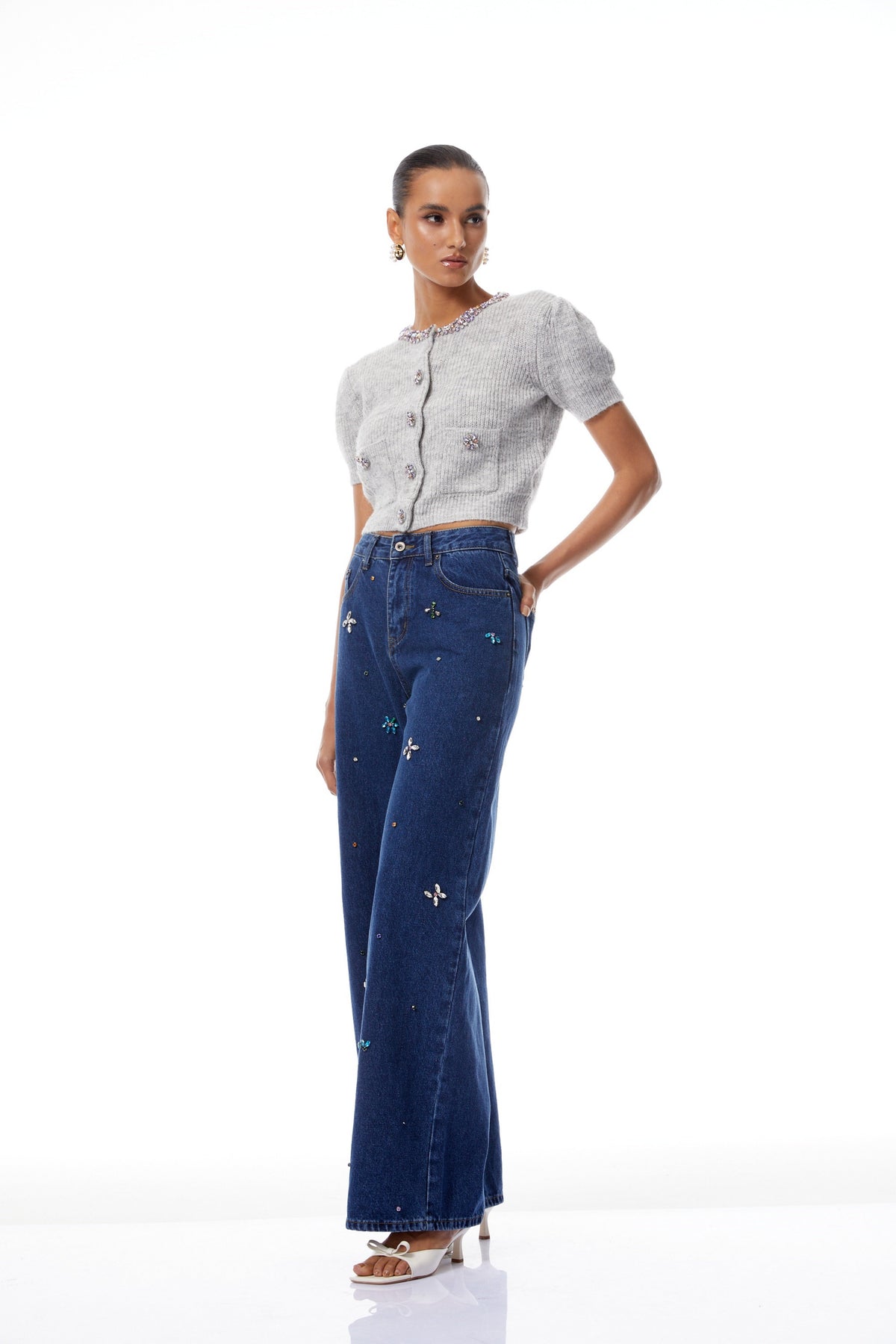 Caoimhe Indigo Blue Crystal Floral Jeans (Final Sale-US Only)