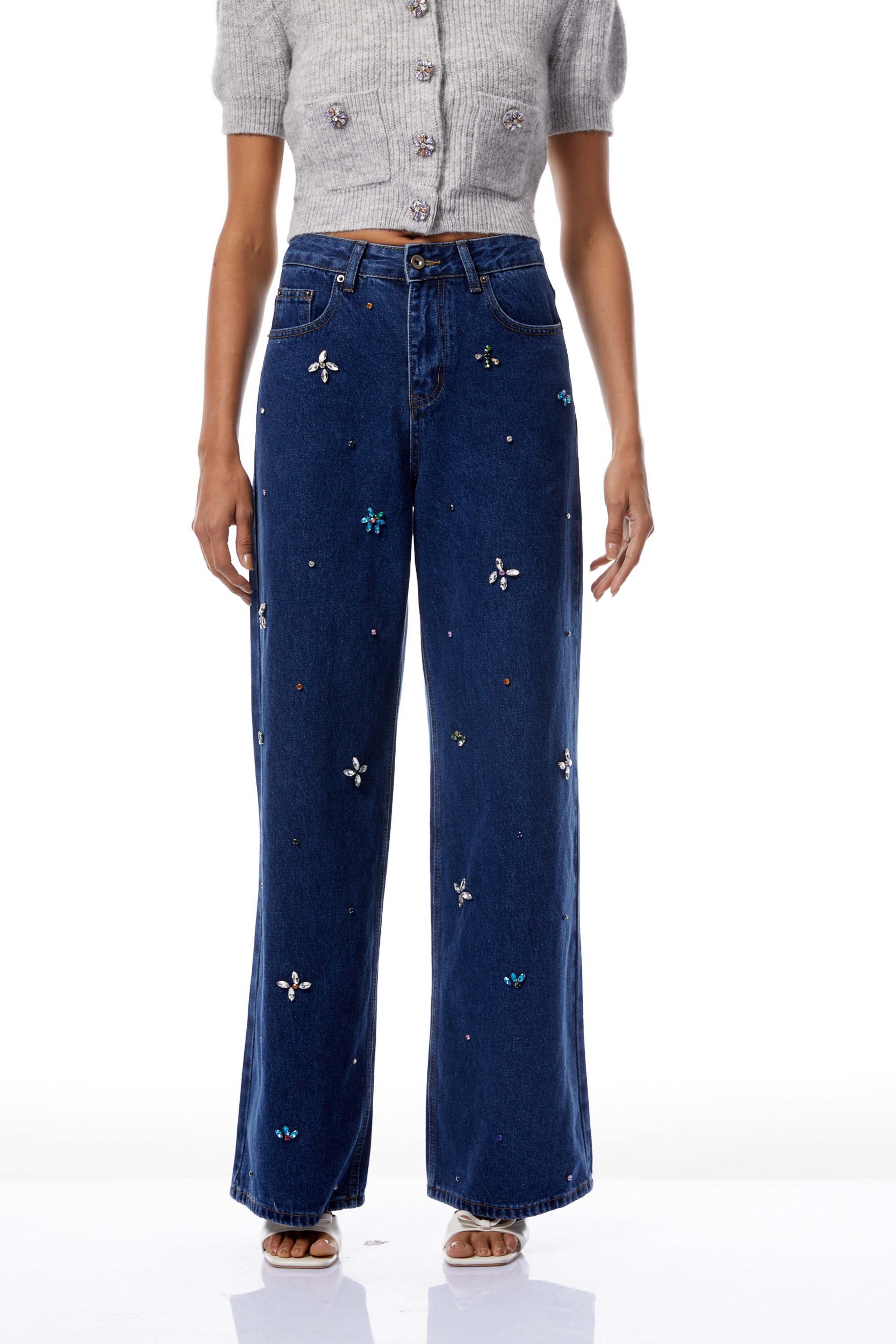Caoimhe Indigo Blue Crystal Floral Jeans (Final Sale-US Only)