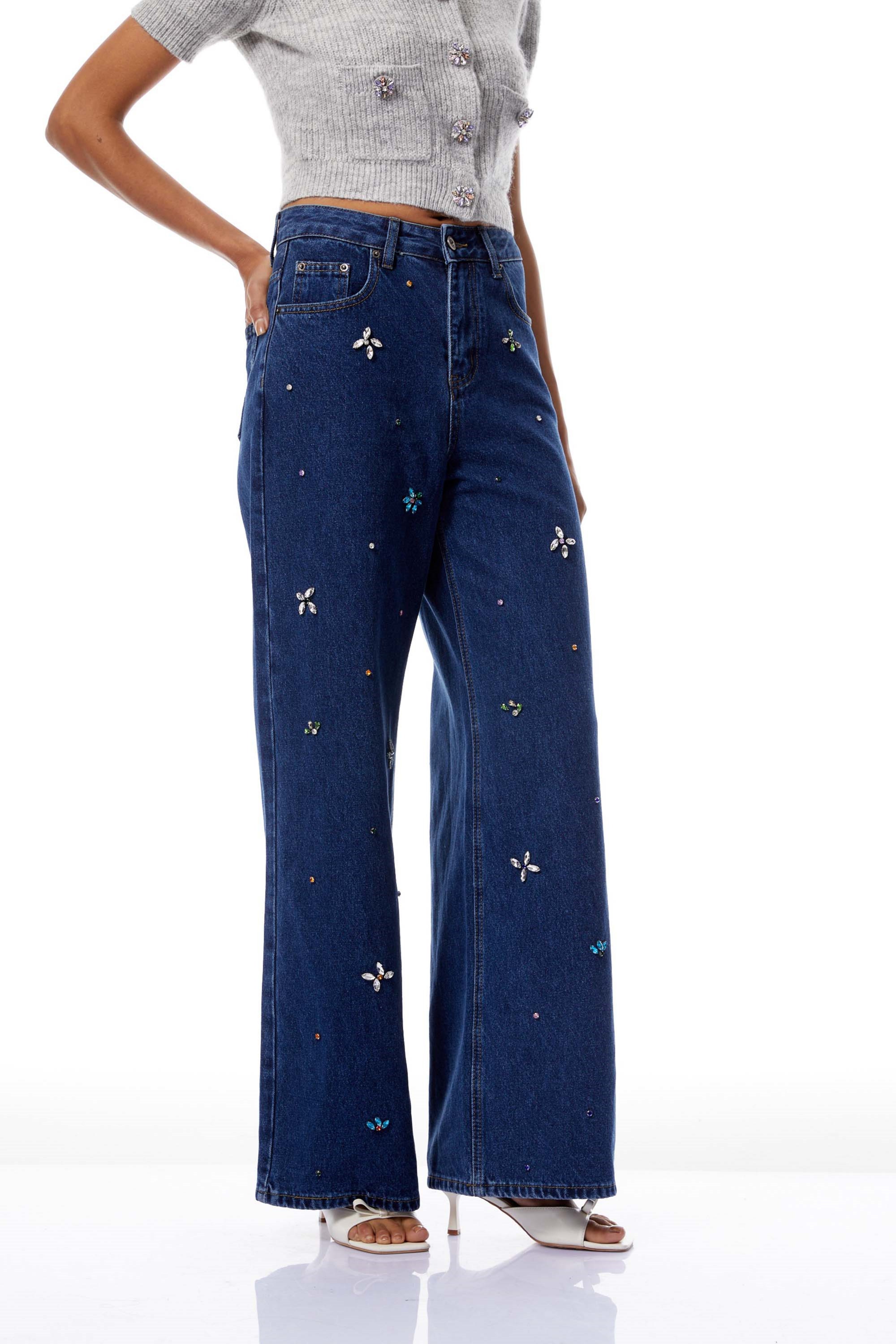 Caoimhe Indigo Blue Crystal Floral Jeans (Final Sale-US Only)