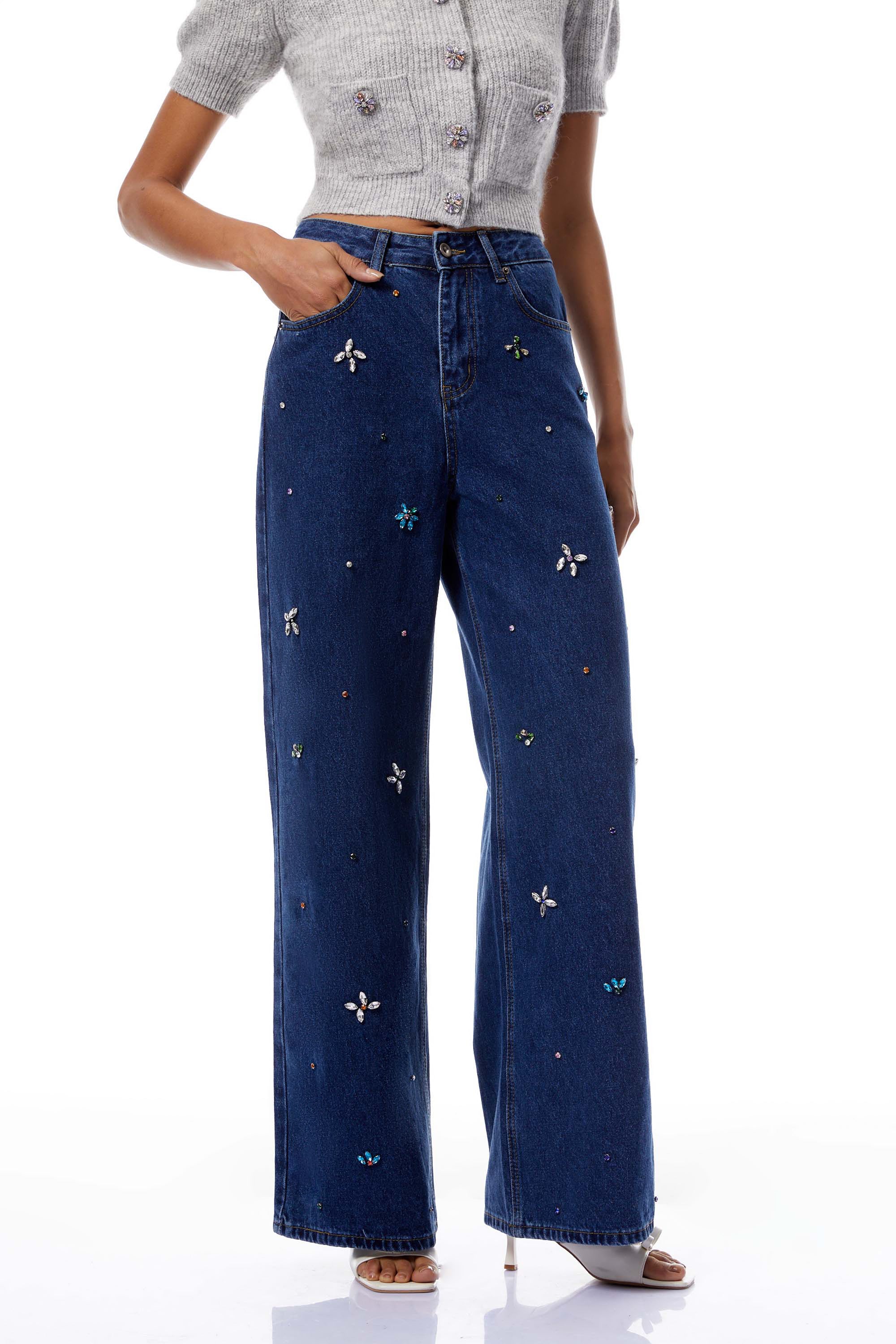 Caoimhe Indigo Blue Crystal Floral Jeans (Final Sale-US Only)