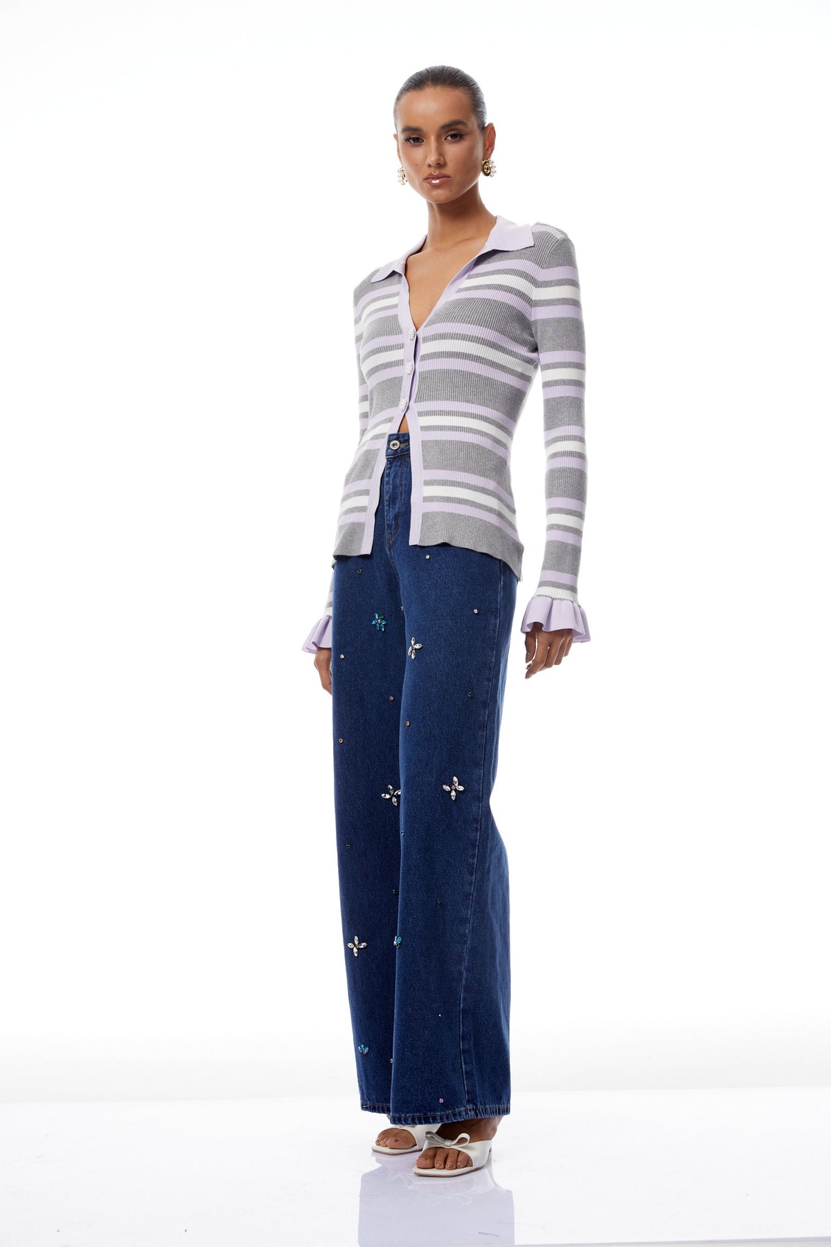 Hazel Grey Slit Striped Ribbed Knit Top