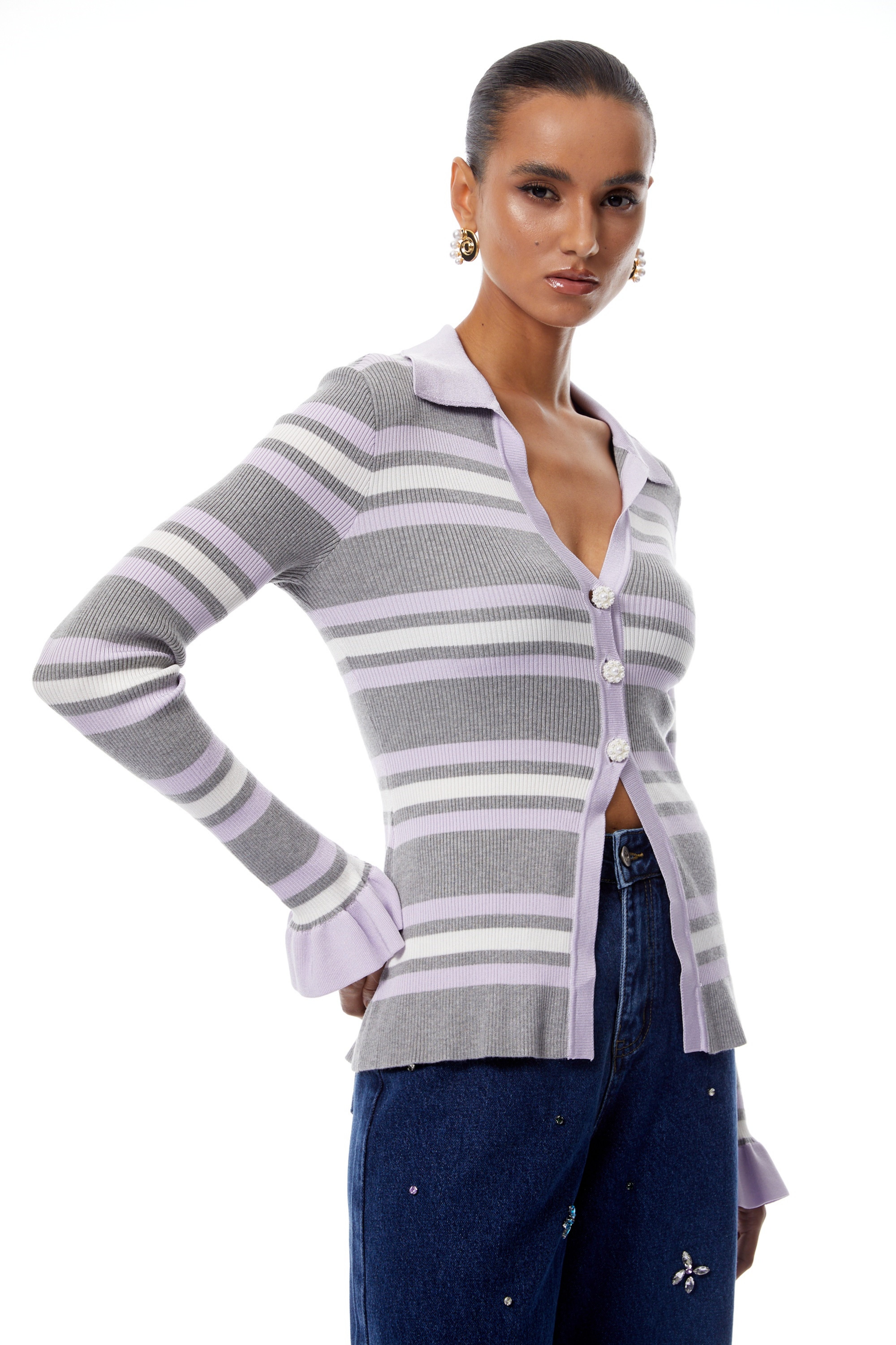Hazel Grey Slit Striped Ribbed Knit Top