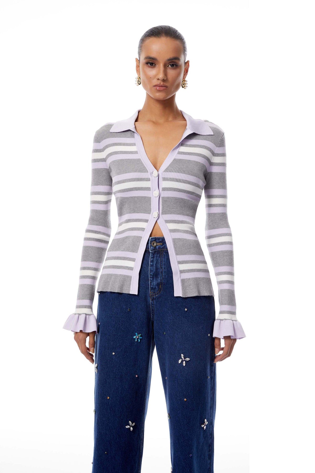 Hazel Grey Slit Striped Ribbed Knit Top