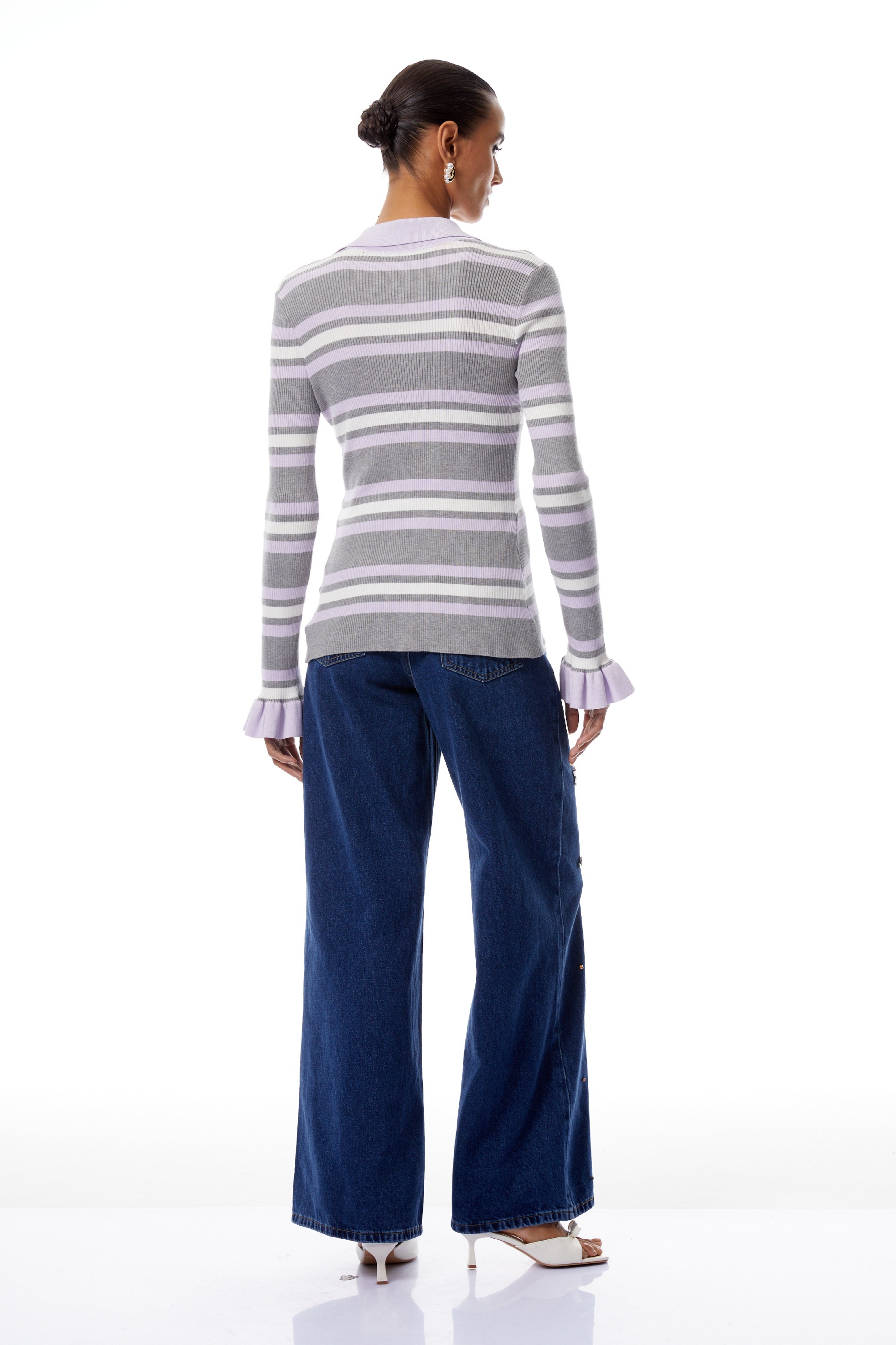 Hazel Grey Slit Striped Ribbed Knit Top