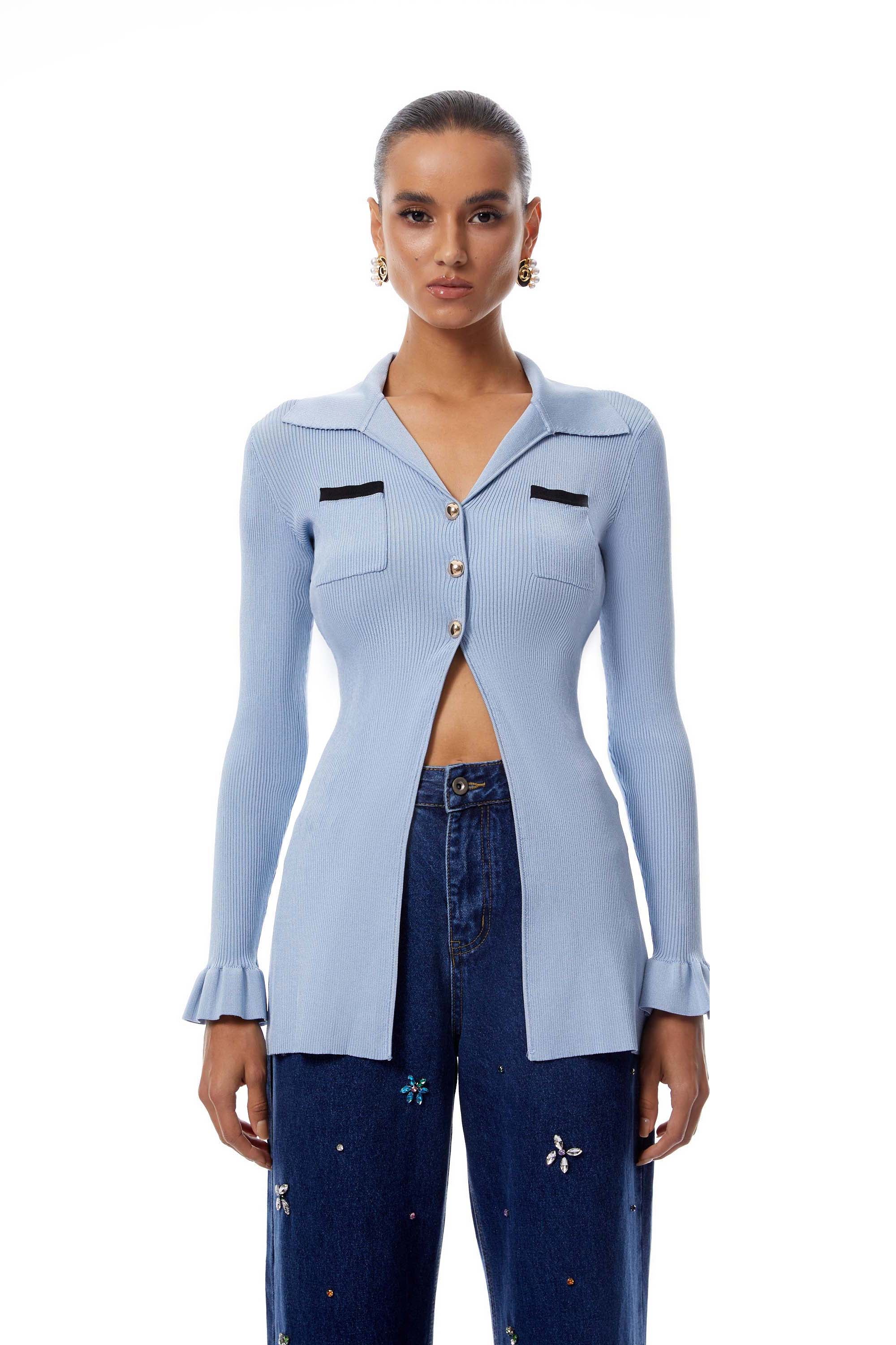 Jade Blue Slit Ribbed Knit Cardigan