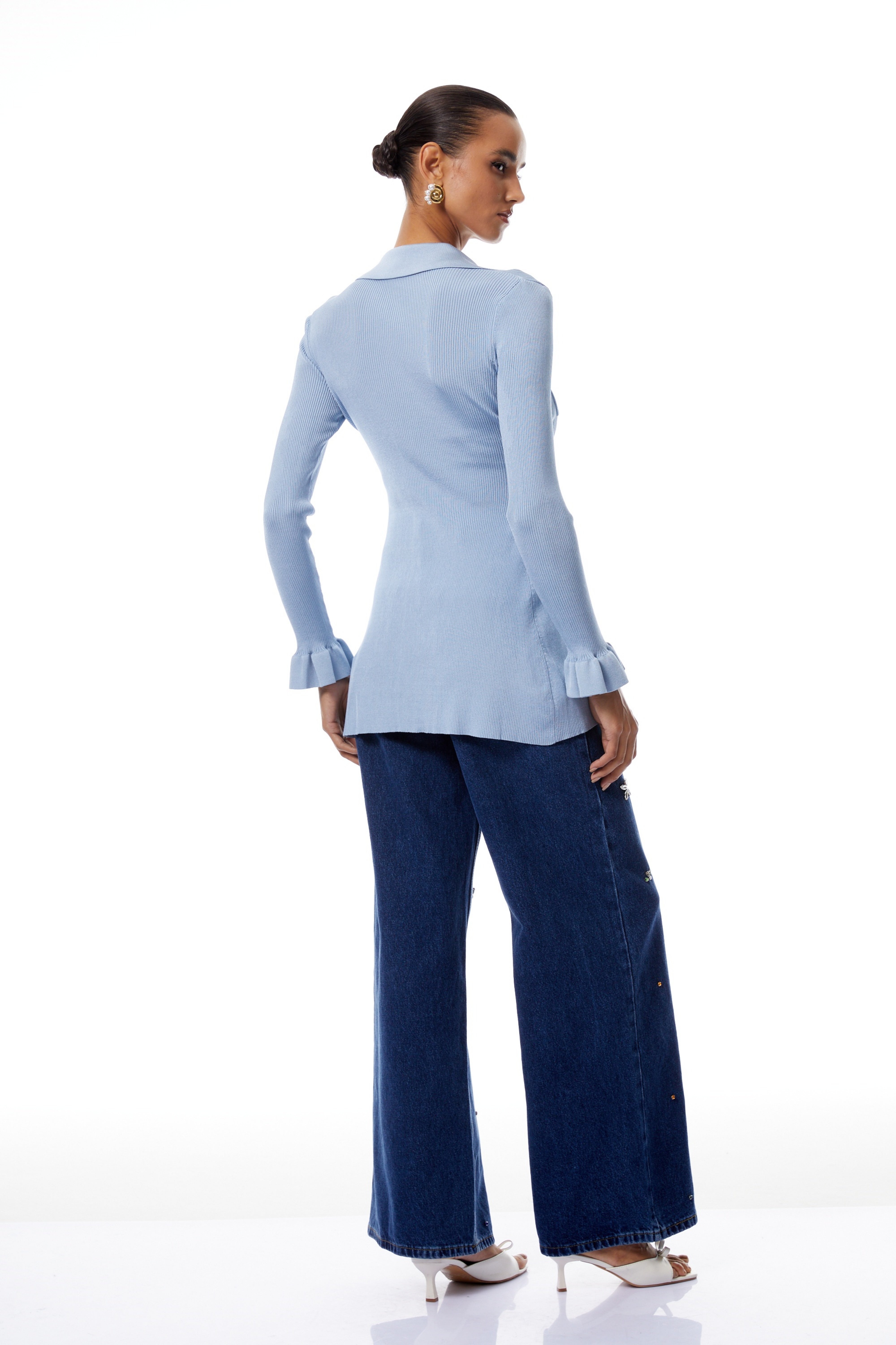 Jade Blue Slit Ribbed Knit Cardigan