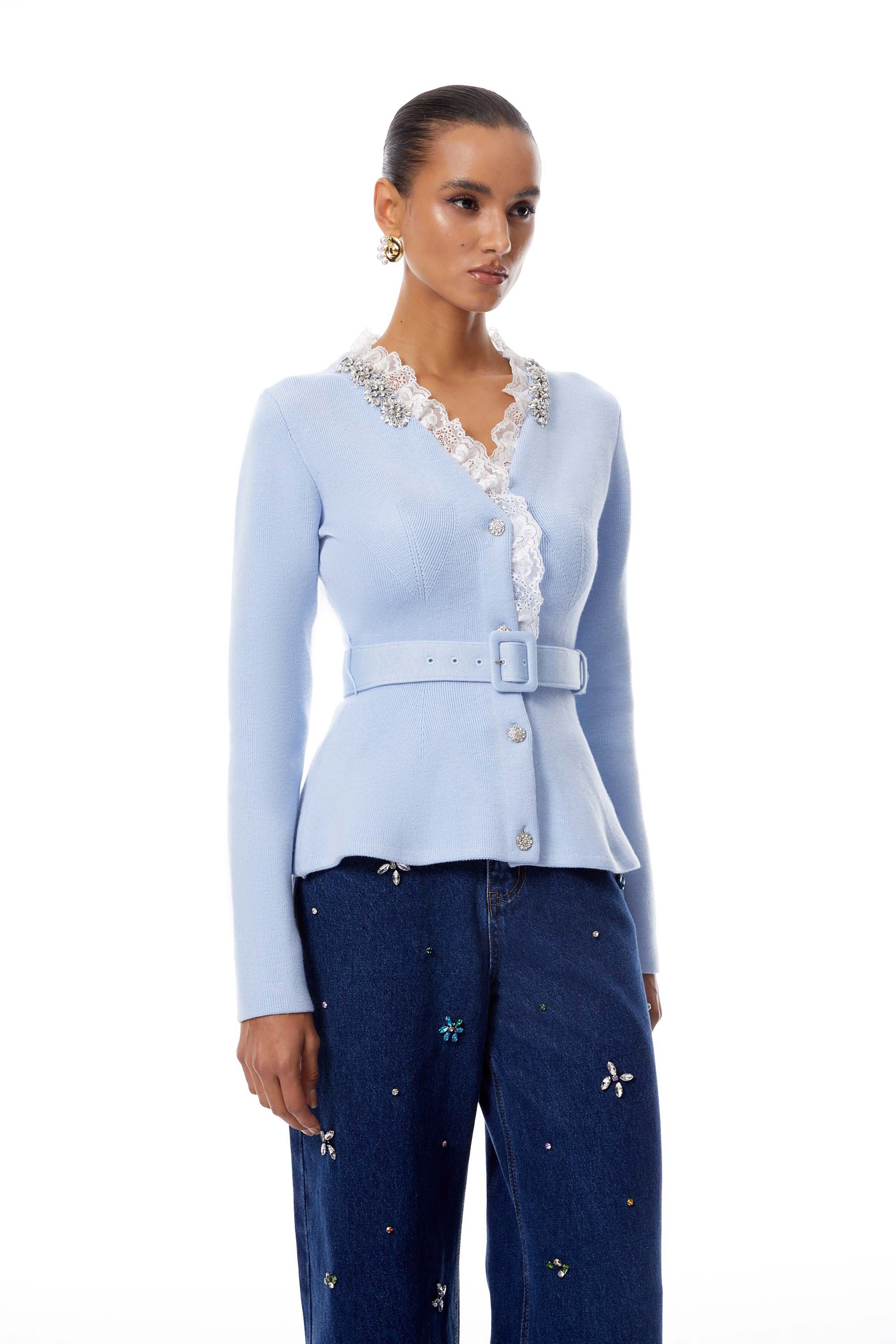 Irina Blue Embellished Ruffled Ribbed Knit Cardigan