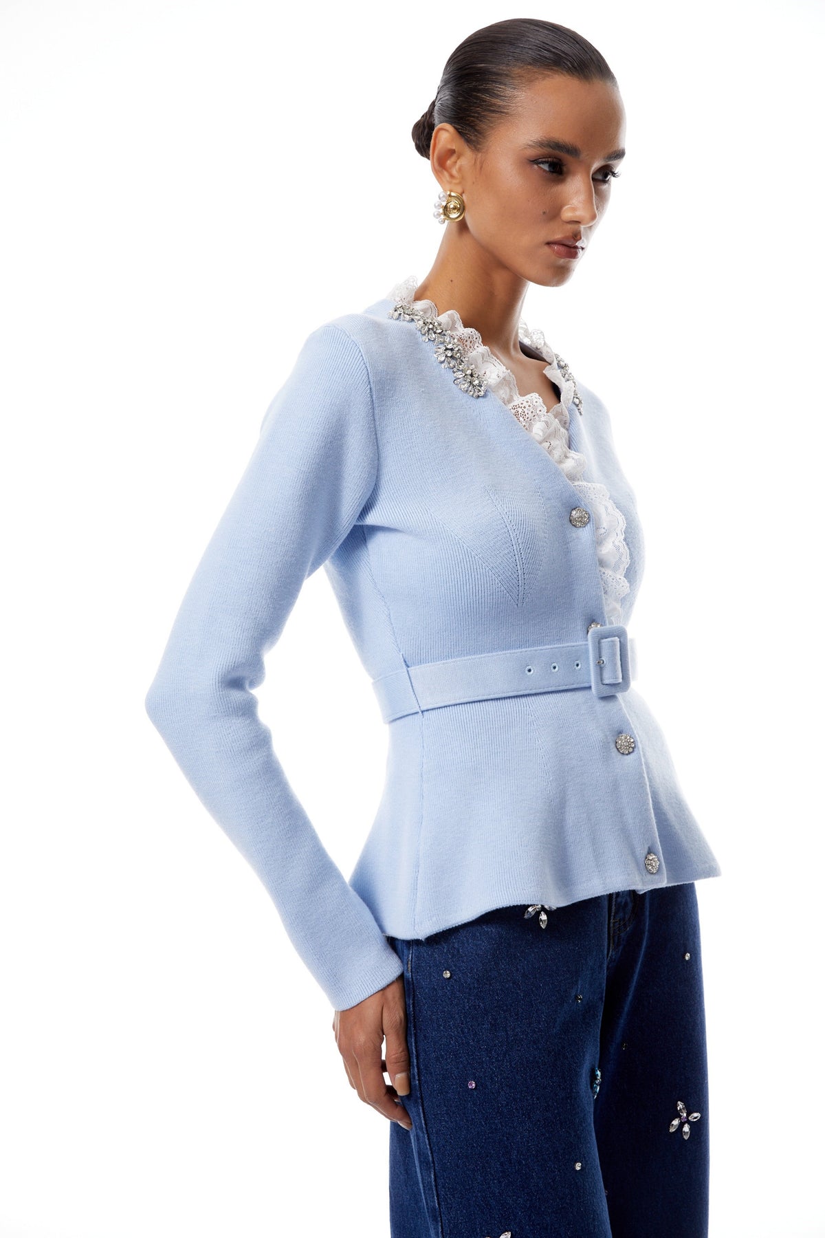 Irina Blue Embellished Ruffled Ribbed Knit Cardigan (Final Sale-US Only)