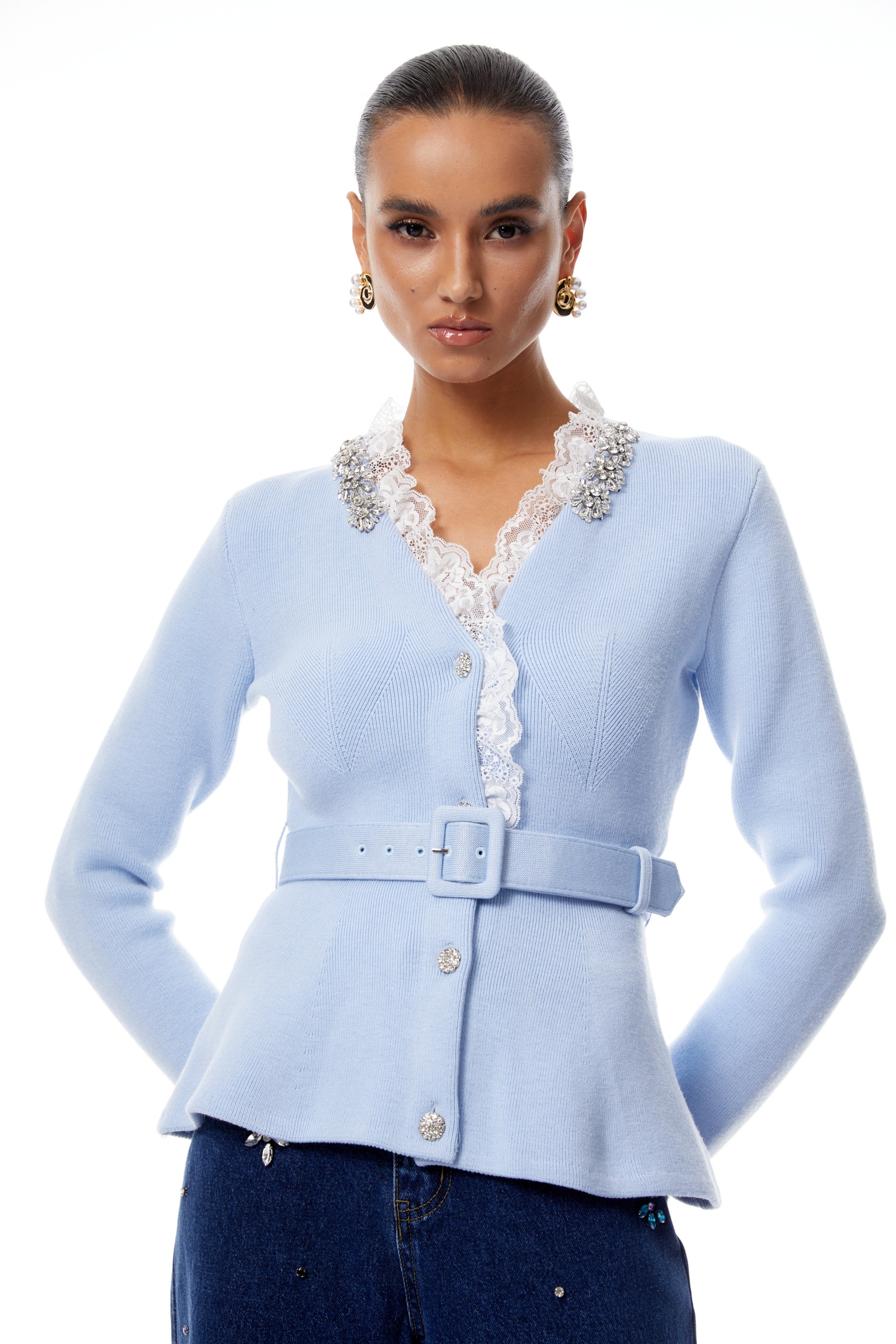 Irina Blue Embellished Ruffled Ribbed Knit Cardigan