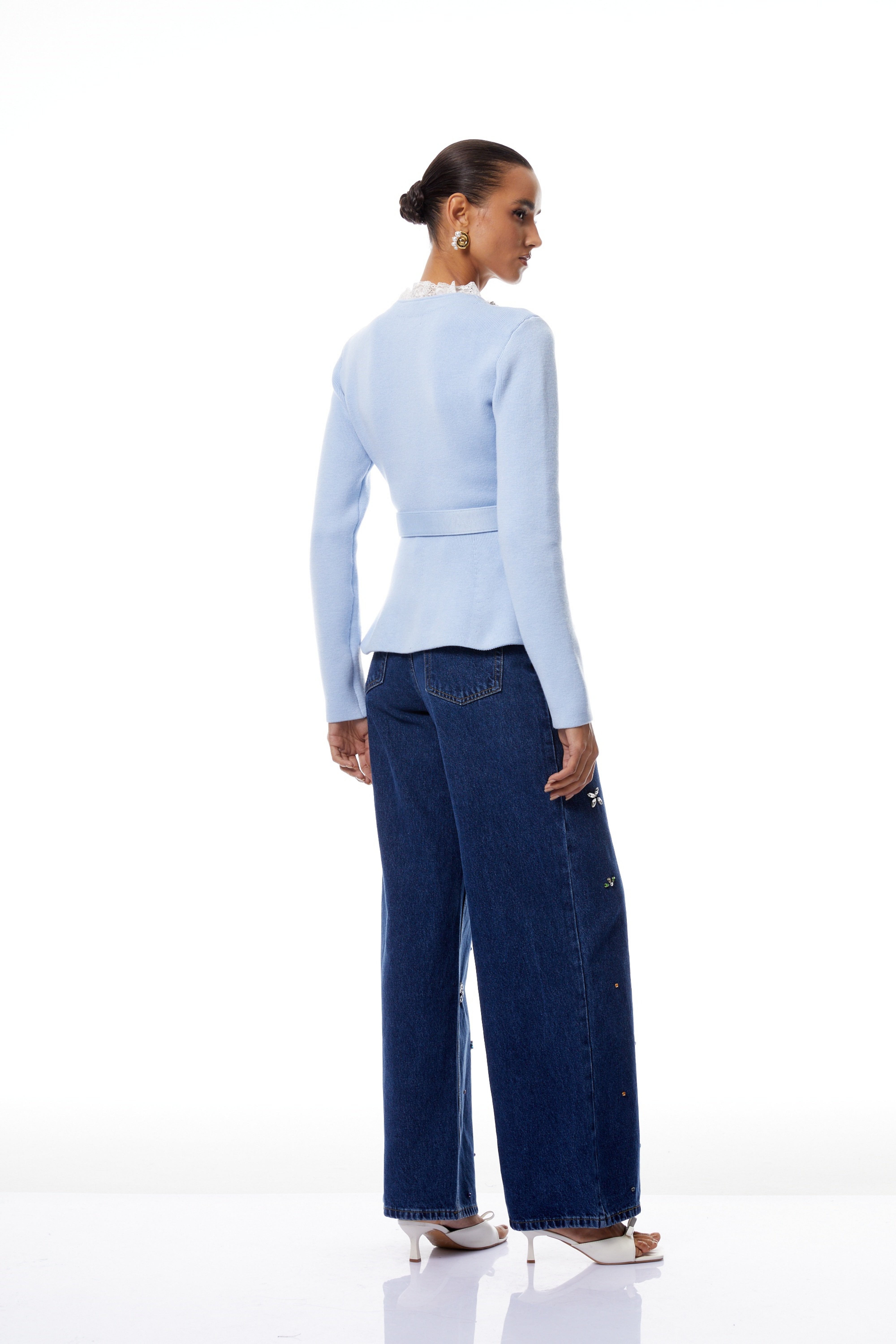 Irina Blue Embellished Ruffled Ribbed Knit Cardigan (Final Sale)