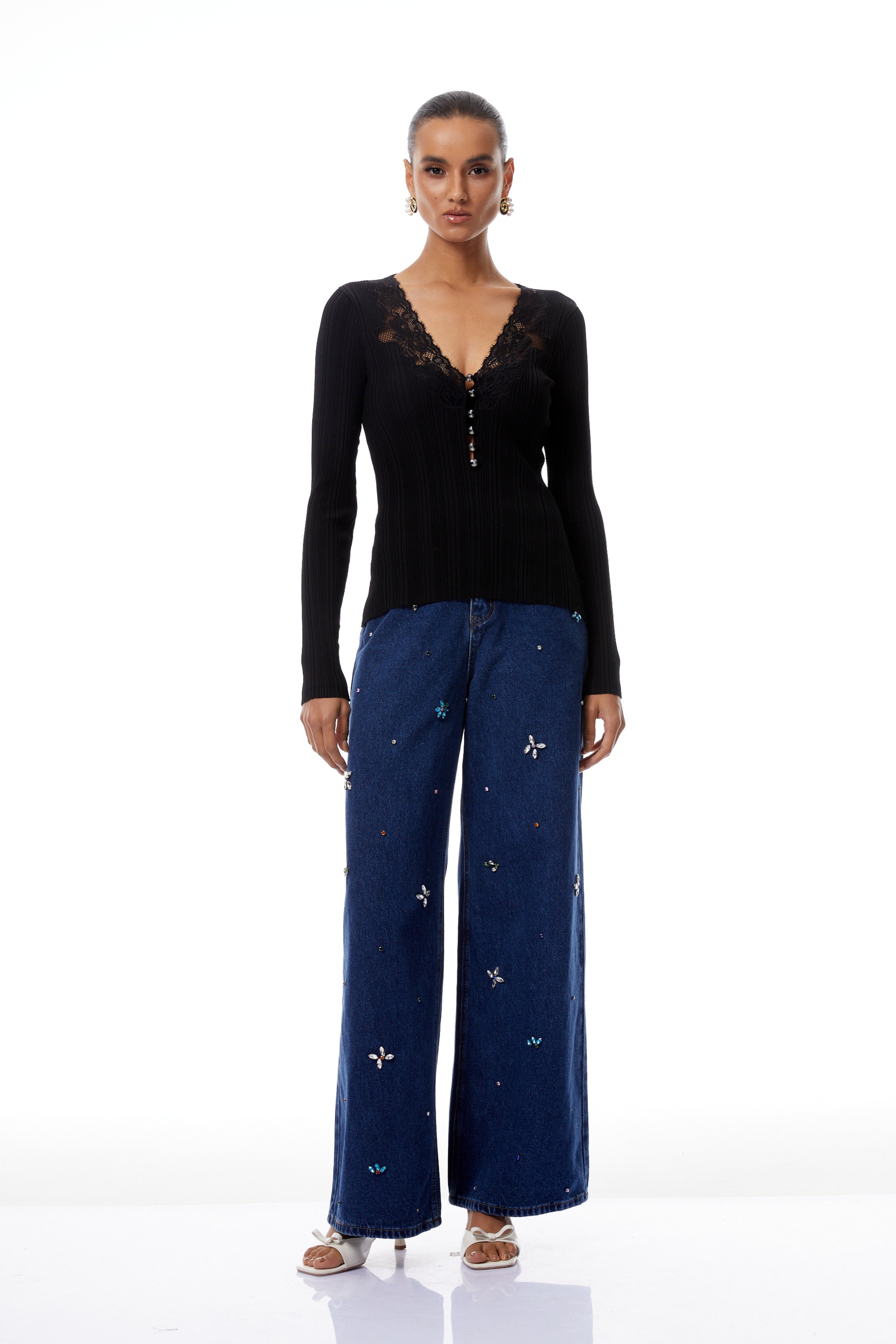 Veronika Black Lace Panel Ribbed Knit Blouse