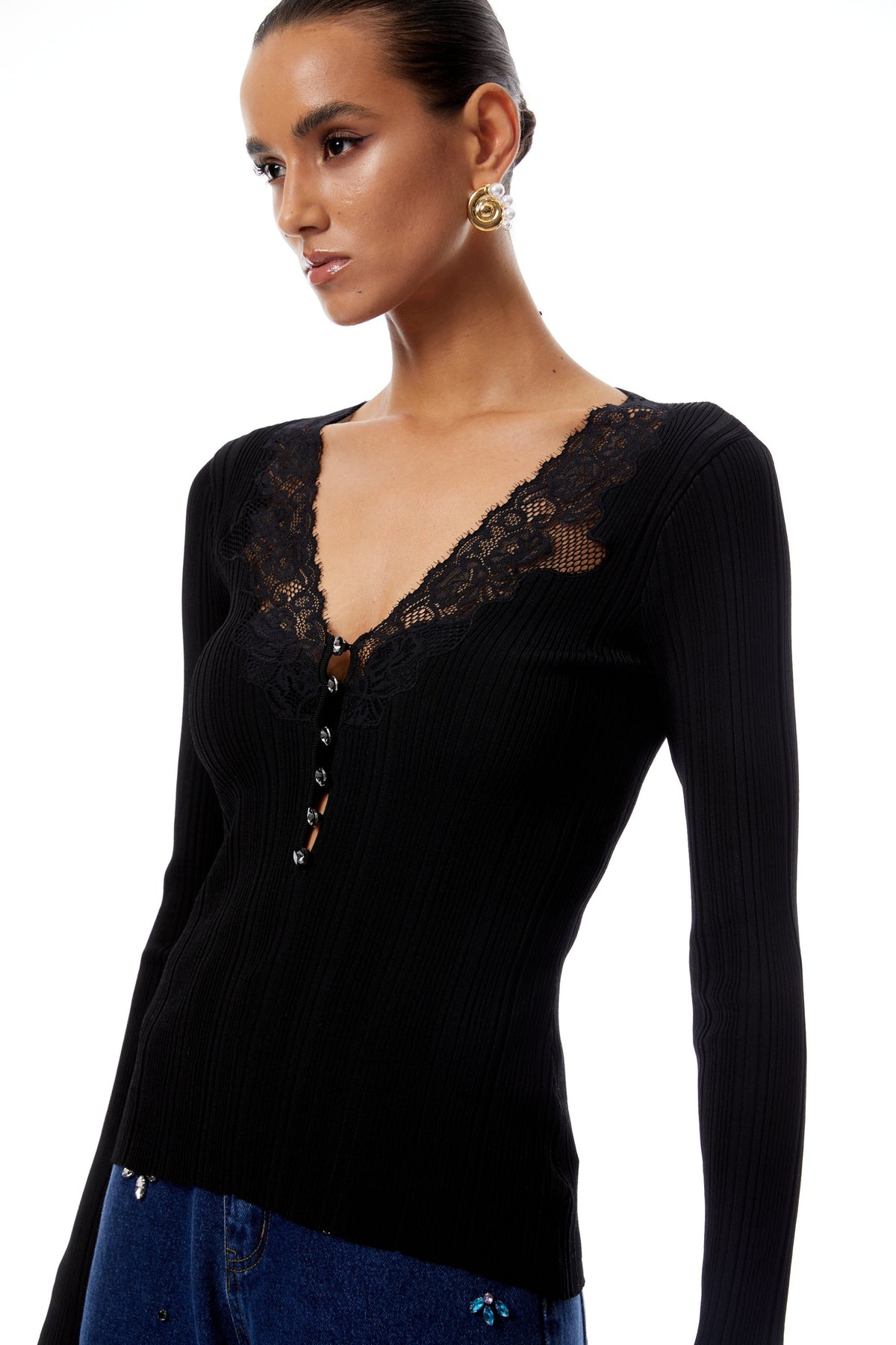 Veronika Black Lace Panel Ribbed Knit Blouse