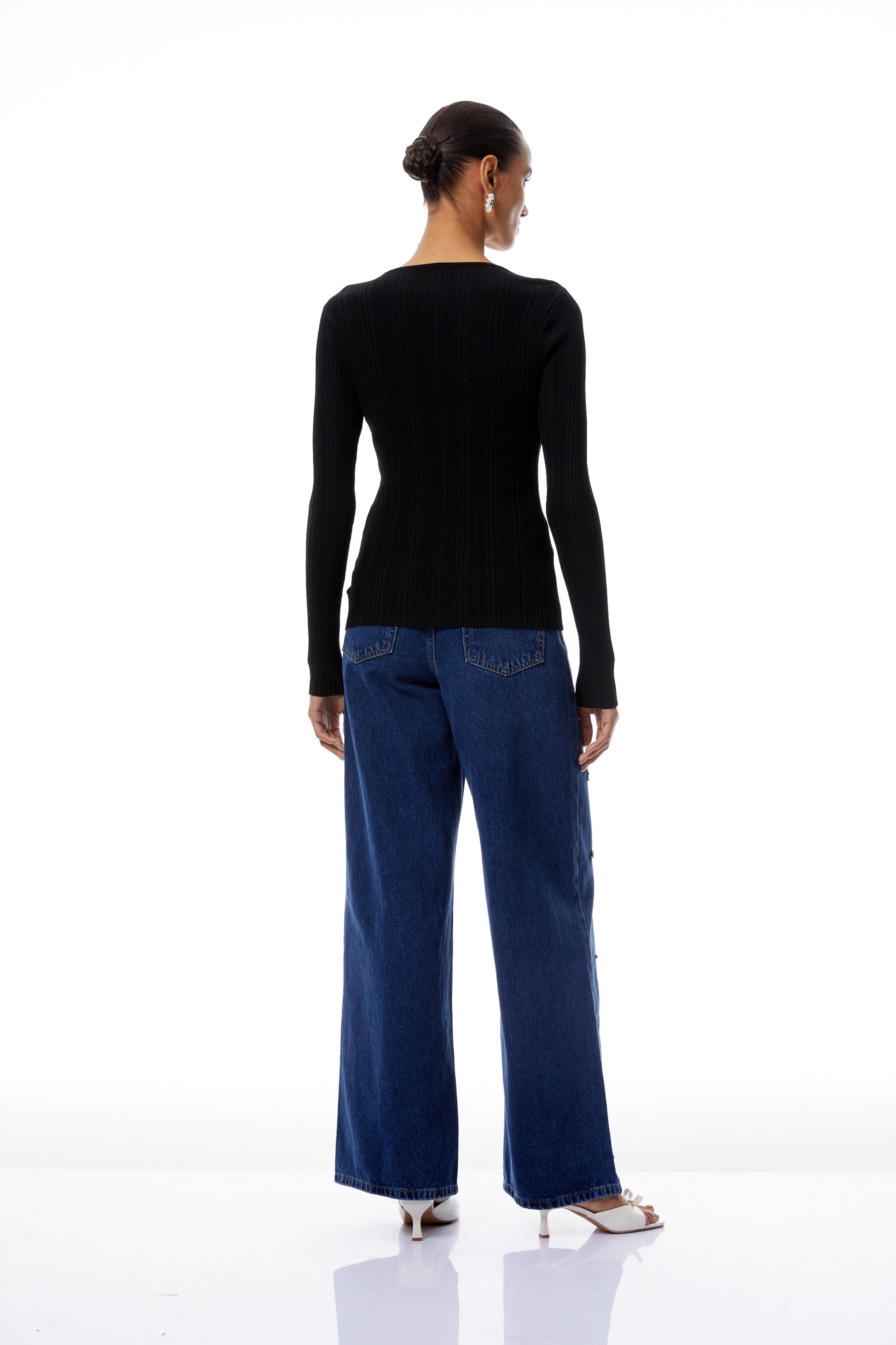 Veronika Black Lace Panel Ribbed Knit Blouse