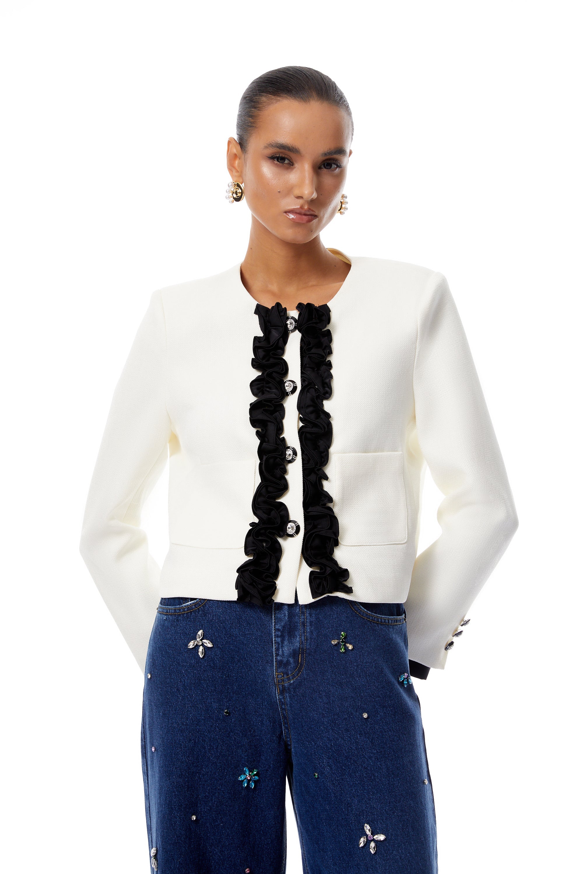 Vivienne White Ruffled Trim Short Jacket (Final Sale)