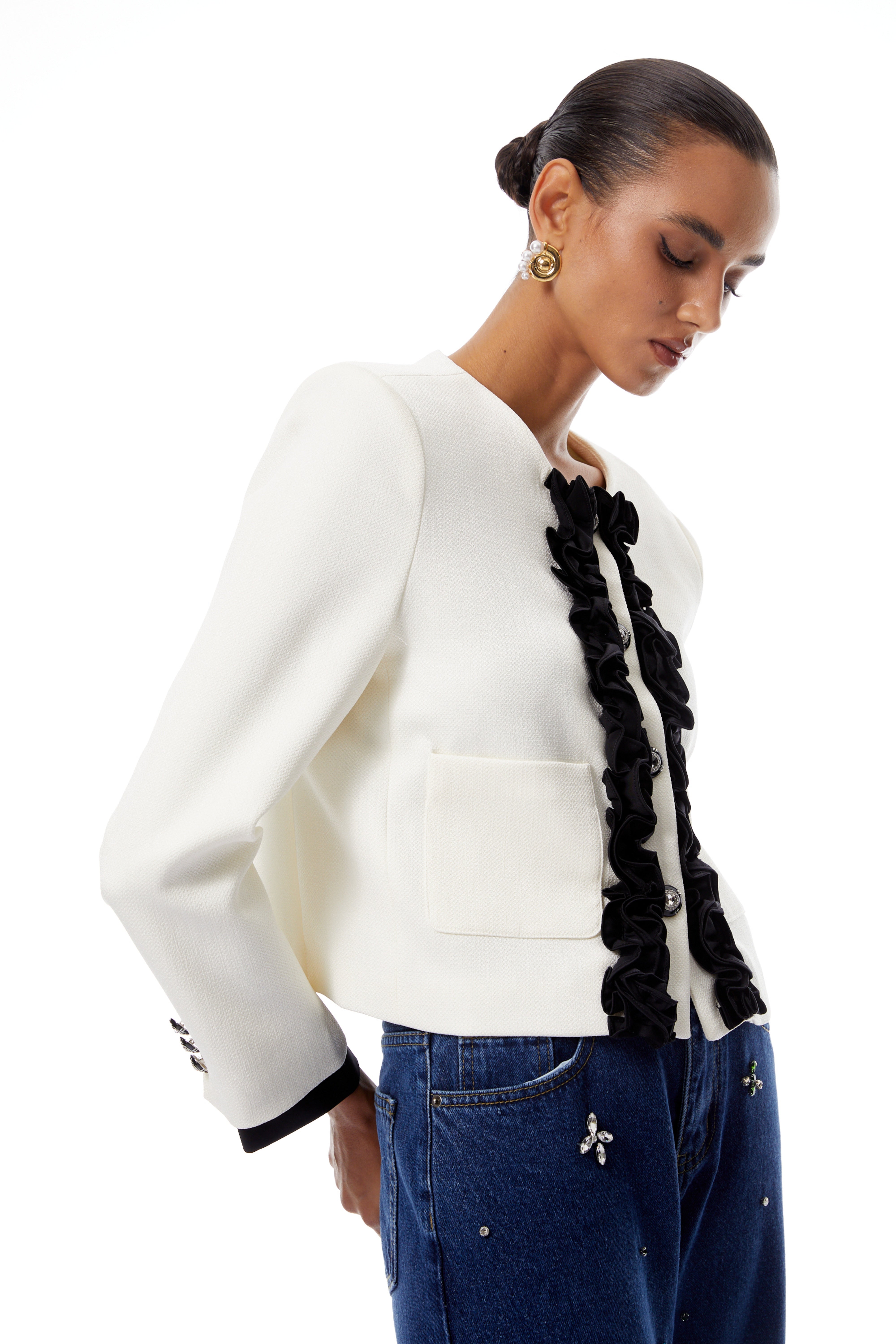 Vivienne White Ruffled Trim Short Jacket