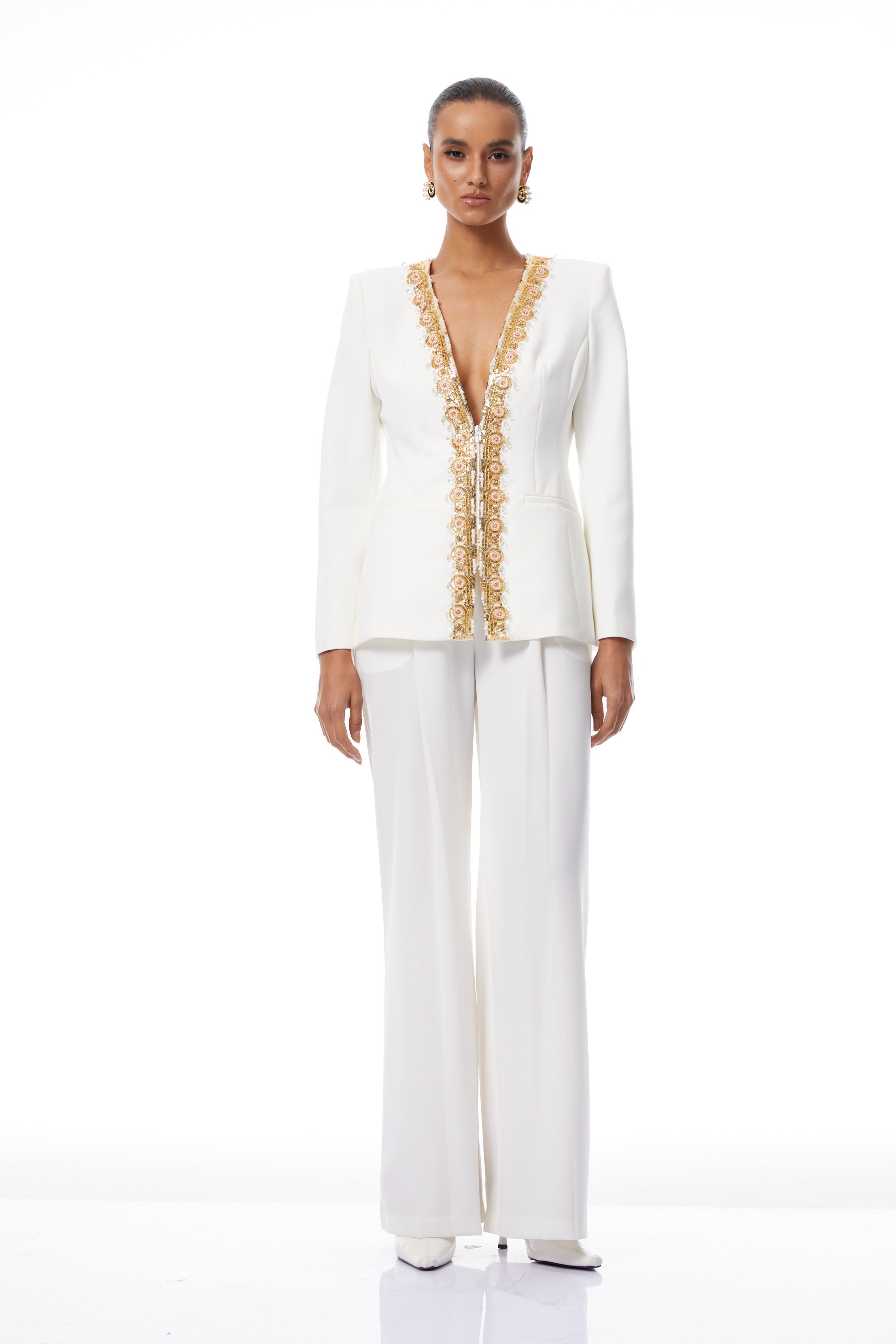 Leopoldine White Embellished Blazer & Trousers Set