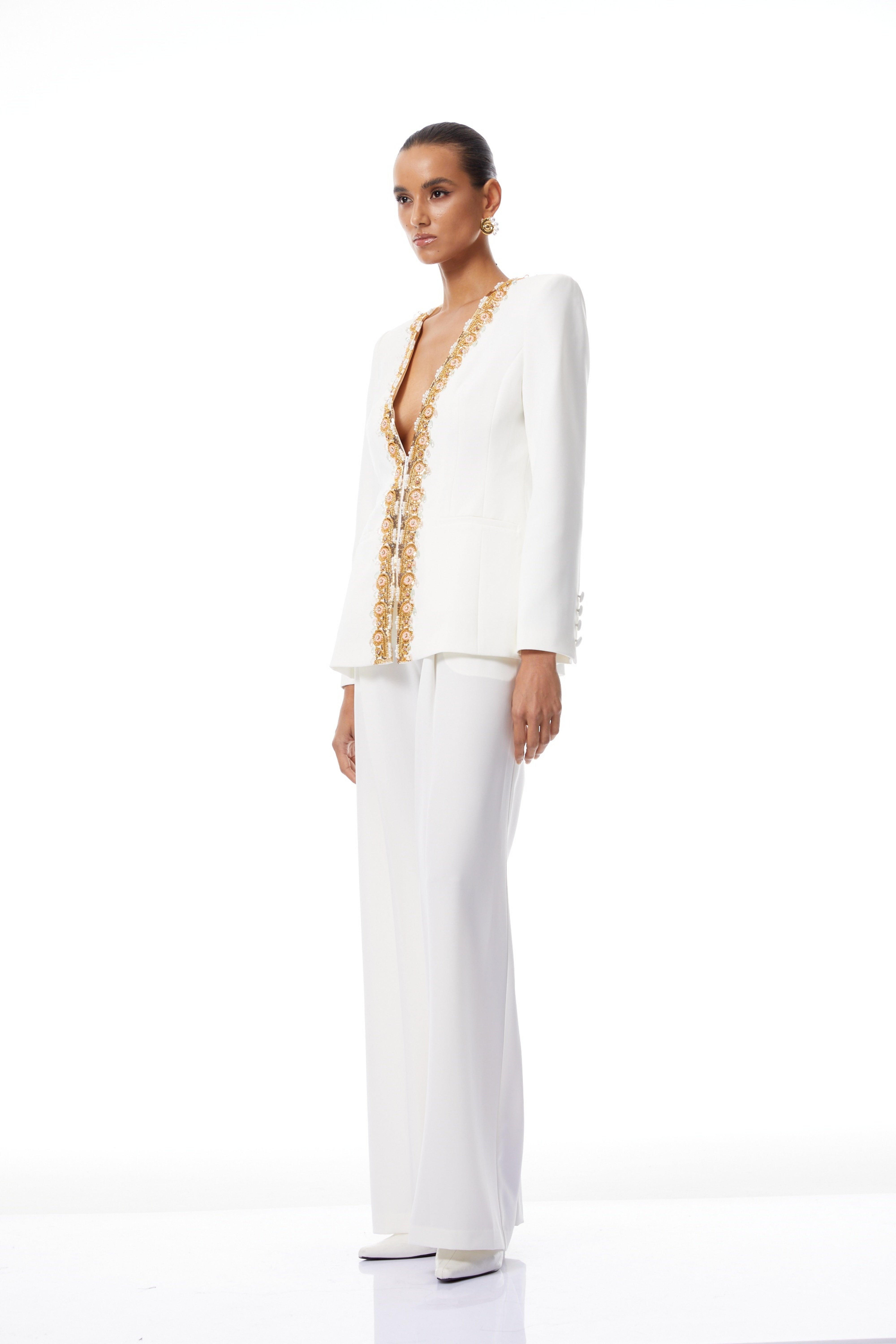 Leopoldine White Embellished Blazer & Trousers Set