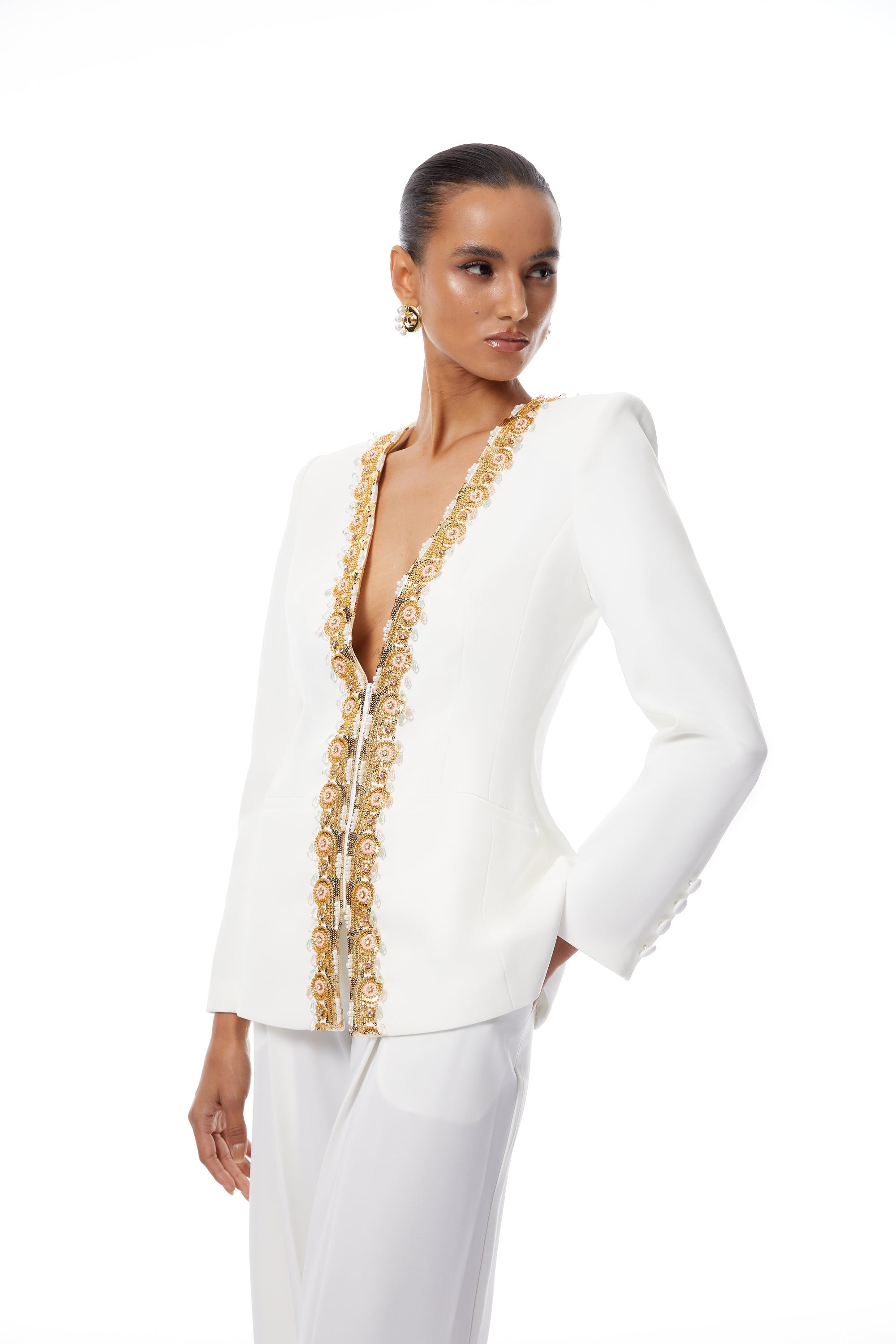 Leopoldine White Embellished Blazer & Trousers Set